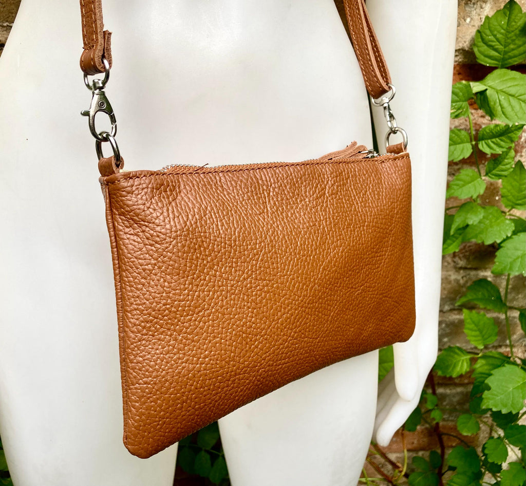 Small leather bag in camel brown. GENUINE leather crossbody / shoulder bag. Brown leather bag with silver hardware. Caramel brown purse