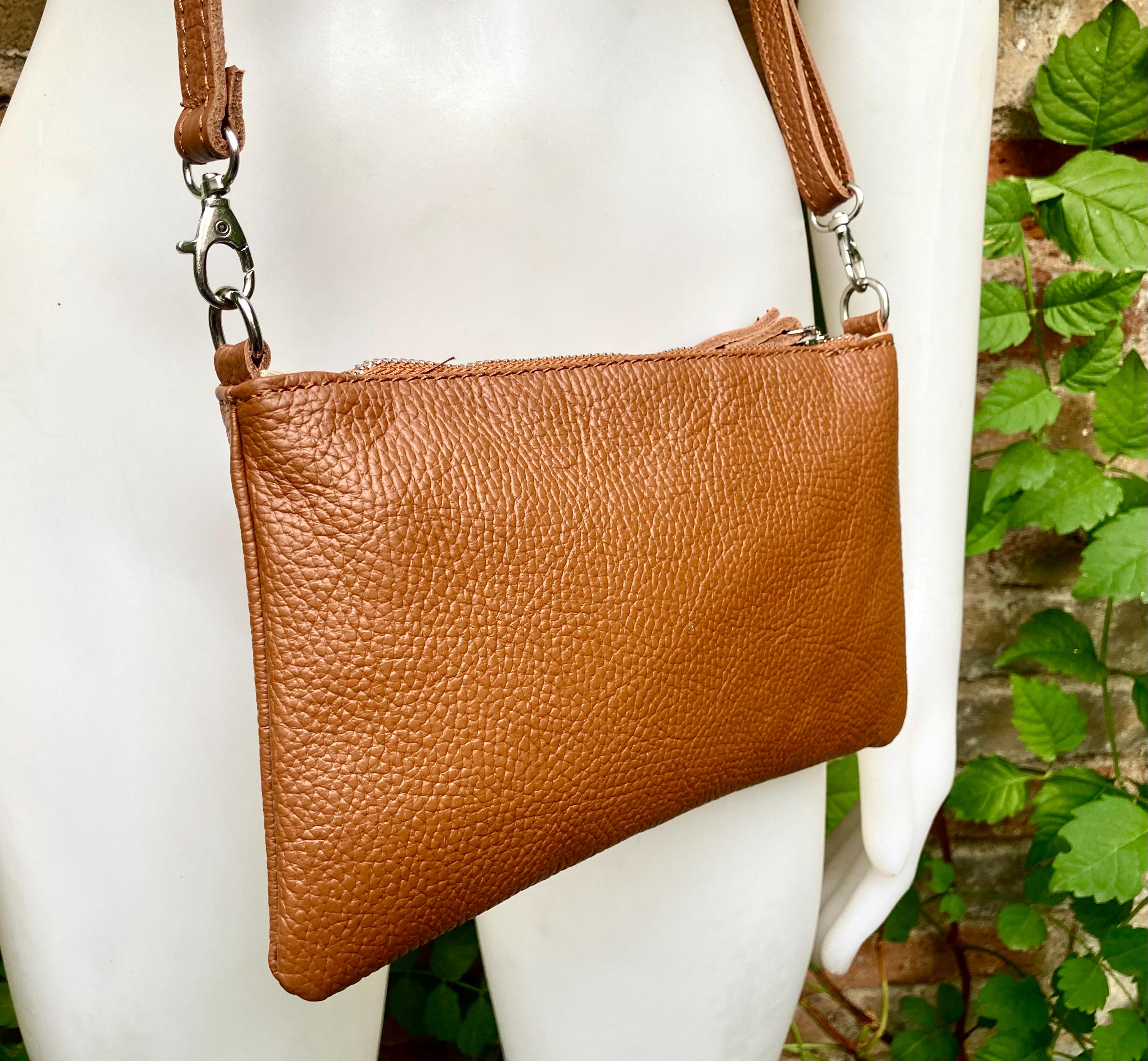 Small leather bag in camel brown. GENUINE leather crossbody / shoulder bag. Brown leather bag with silver hardware. Caramel brown purse