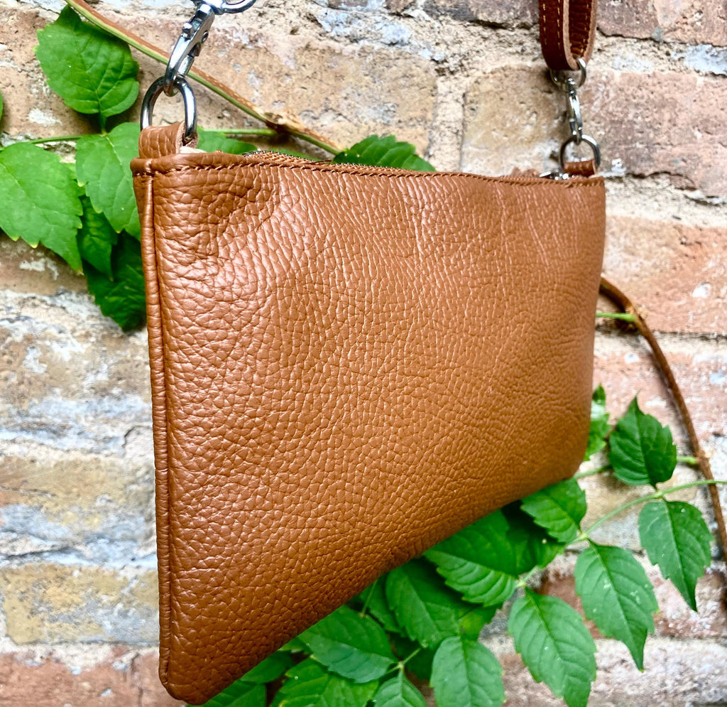 Small leather bag in camel brown. GENUINE leather crossbody / shoulder bag. Brown leather bag with silver hardware. Caramel brown purse