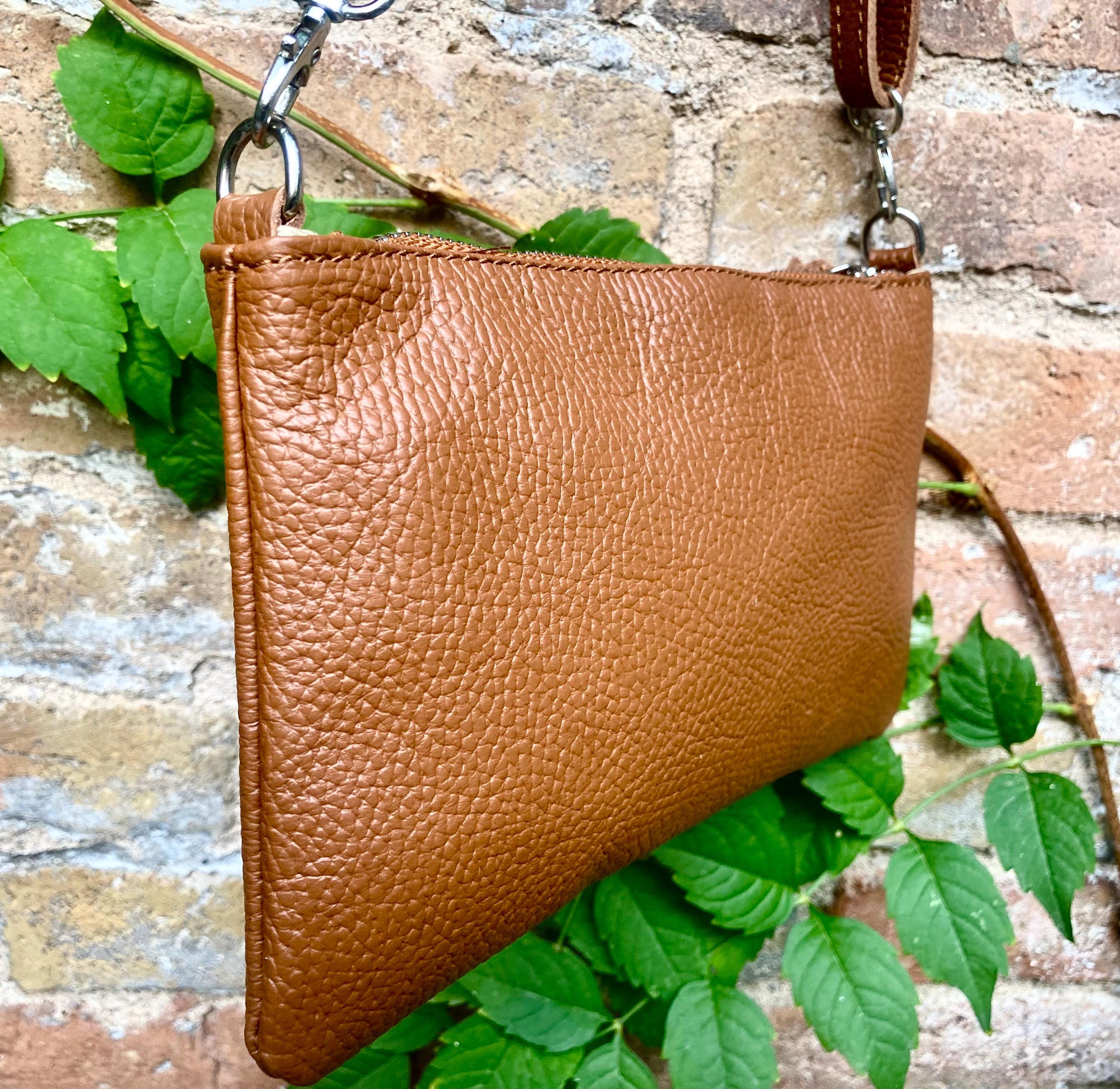 Small leather bag in camel brown. GENUINE leather crossbody / shoulder bag. Brown leather bag with silver hardware. Caramel brown purse