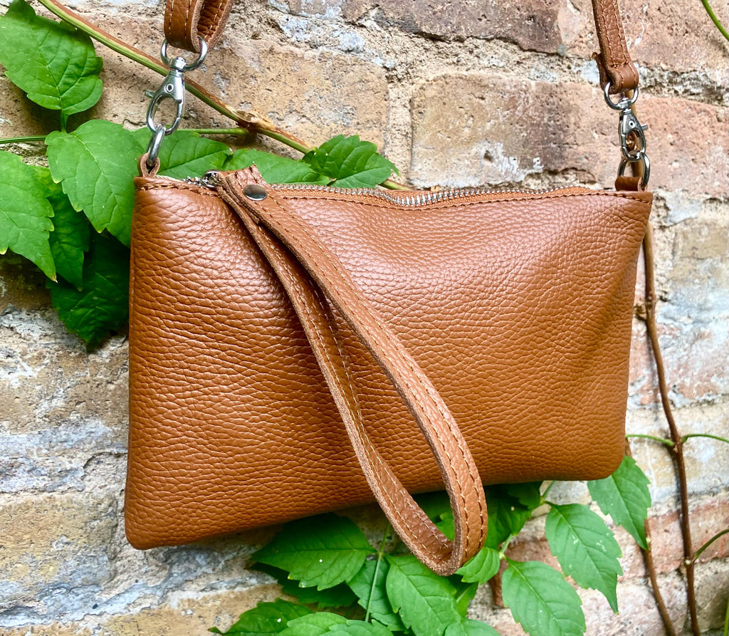 Small leather bag in camel brown. GENUINE leather crossbody / shoulder bag. Brown leather bag with silver hardware. Caramel brown purse