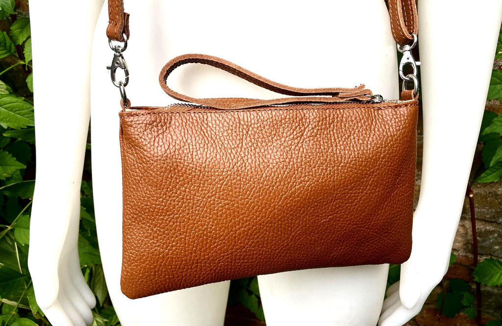 Small leather bag in camel brown. GENUINE leather crossbody / shoulder bag. Brown leather bag with silver hardware. Caramel brown purse
