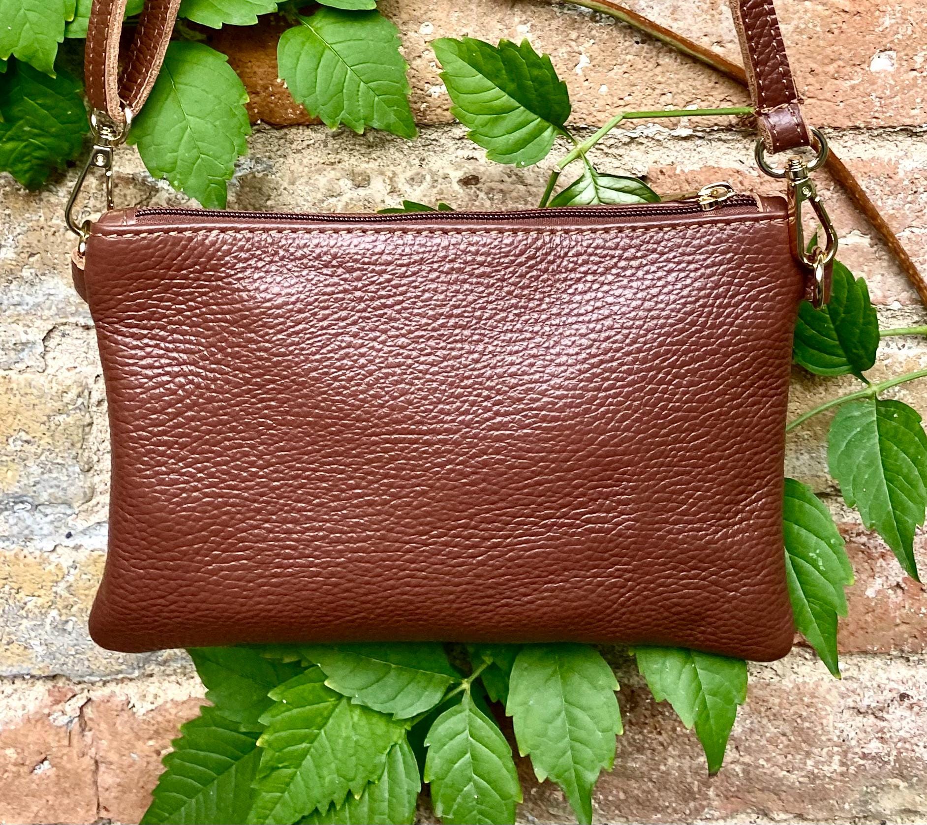 Small leather bag in dark rusty brown. GENUINE leather crossbody / shoulder bag.Brown leather bag with GOLD hardware. Warm brown purse