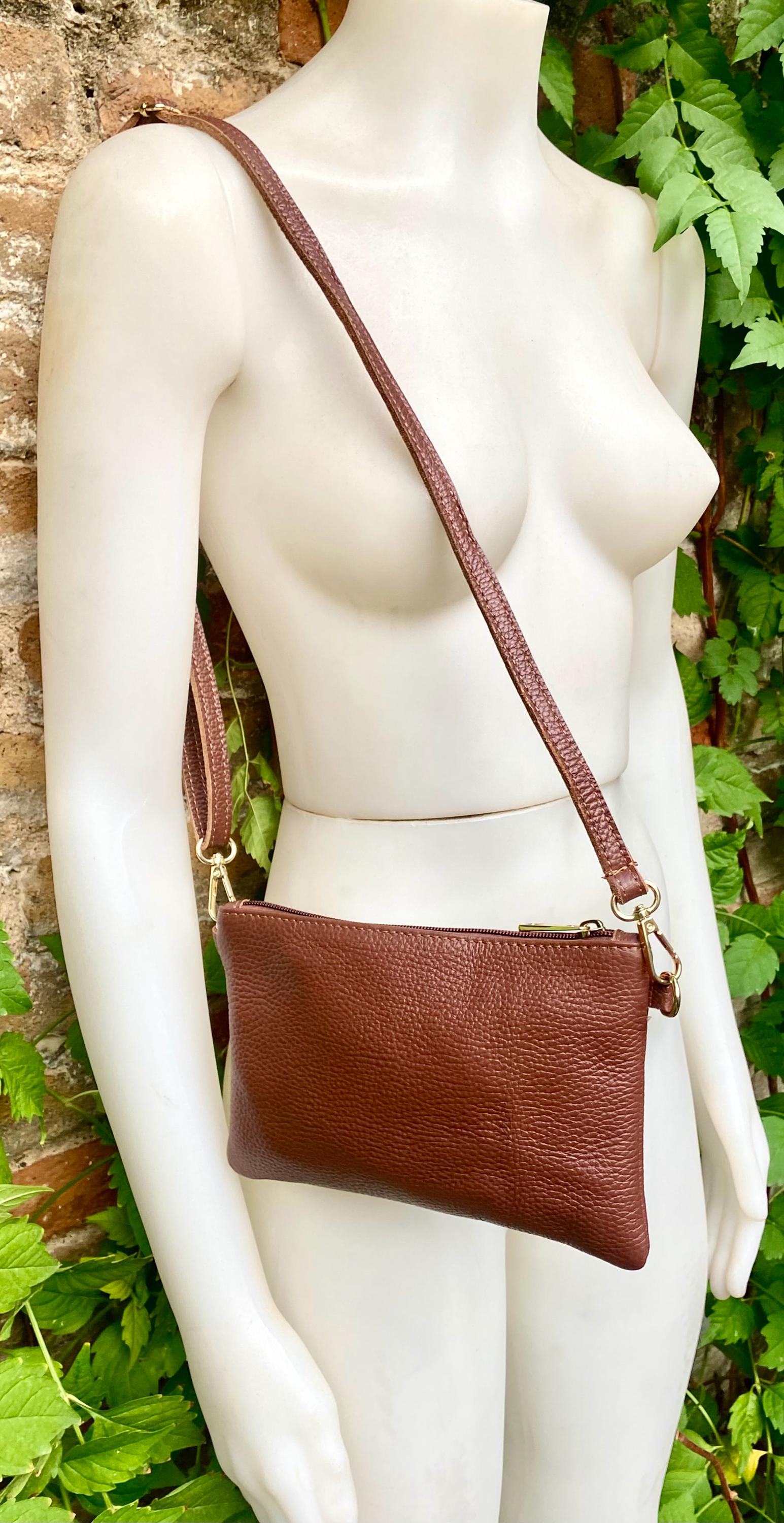 Small leather bag in dark rusty brown. GENUINE leather crossbody / shoulder bag.Brown leather bag with GOLD hardware. Warm brown purse