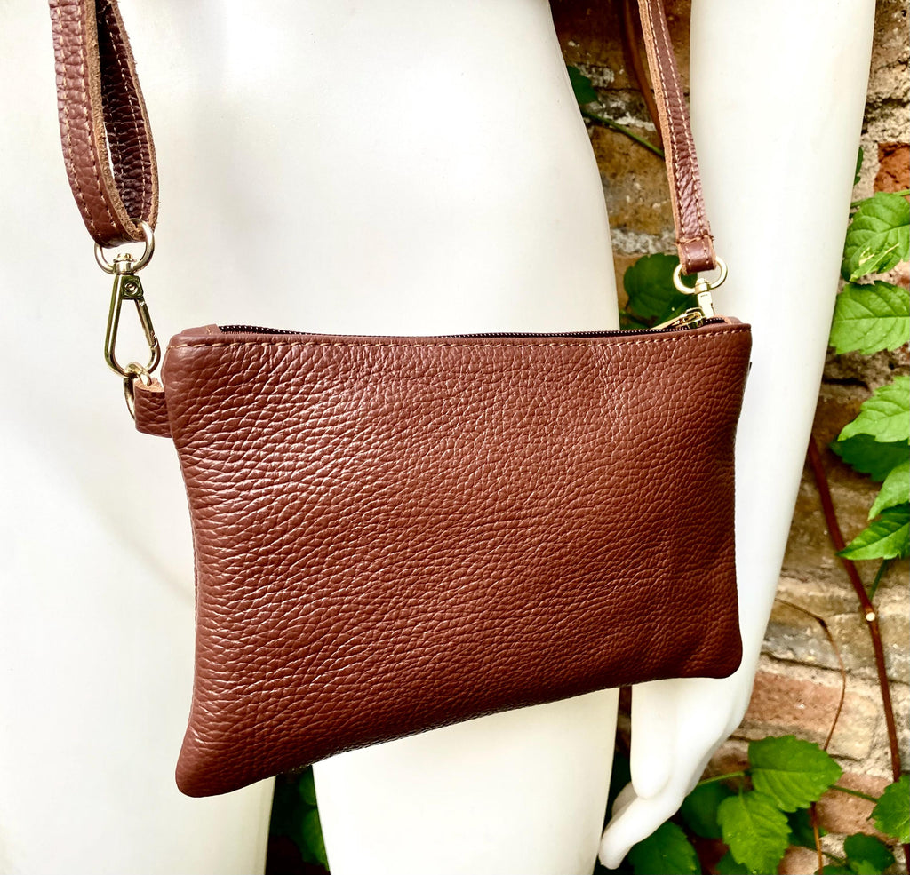 Small leather bag in dark rusty brown. GENUINE leather crossbody / shoulder bag.Brown leather bag with GOLD hardware. Warm brown purse