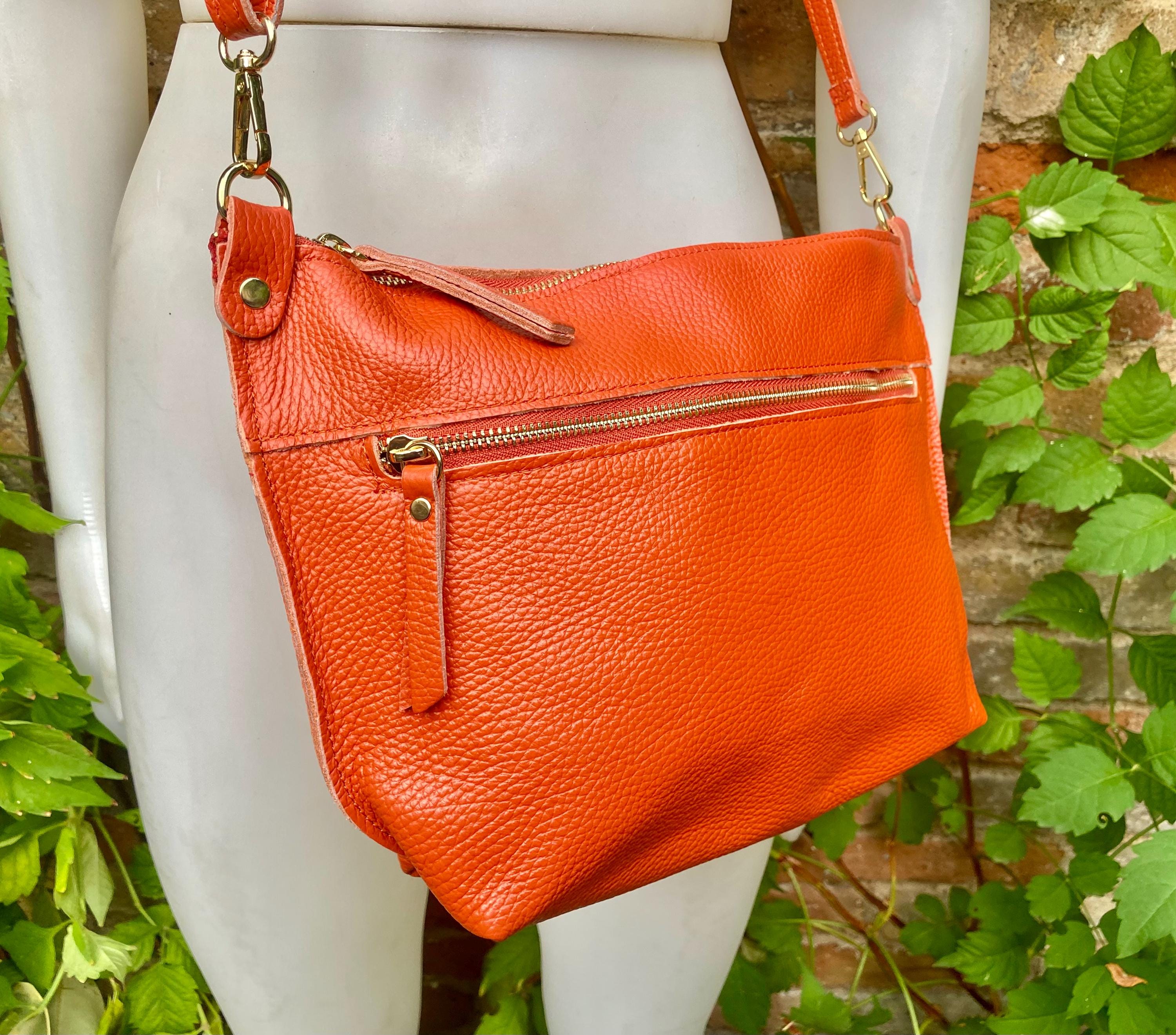 Orange leather bag. Genuine leather messenger bag. Orange crossbody / shoulder bag with zipper and adjustable strap