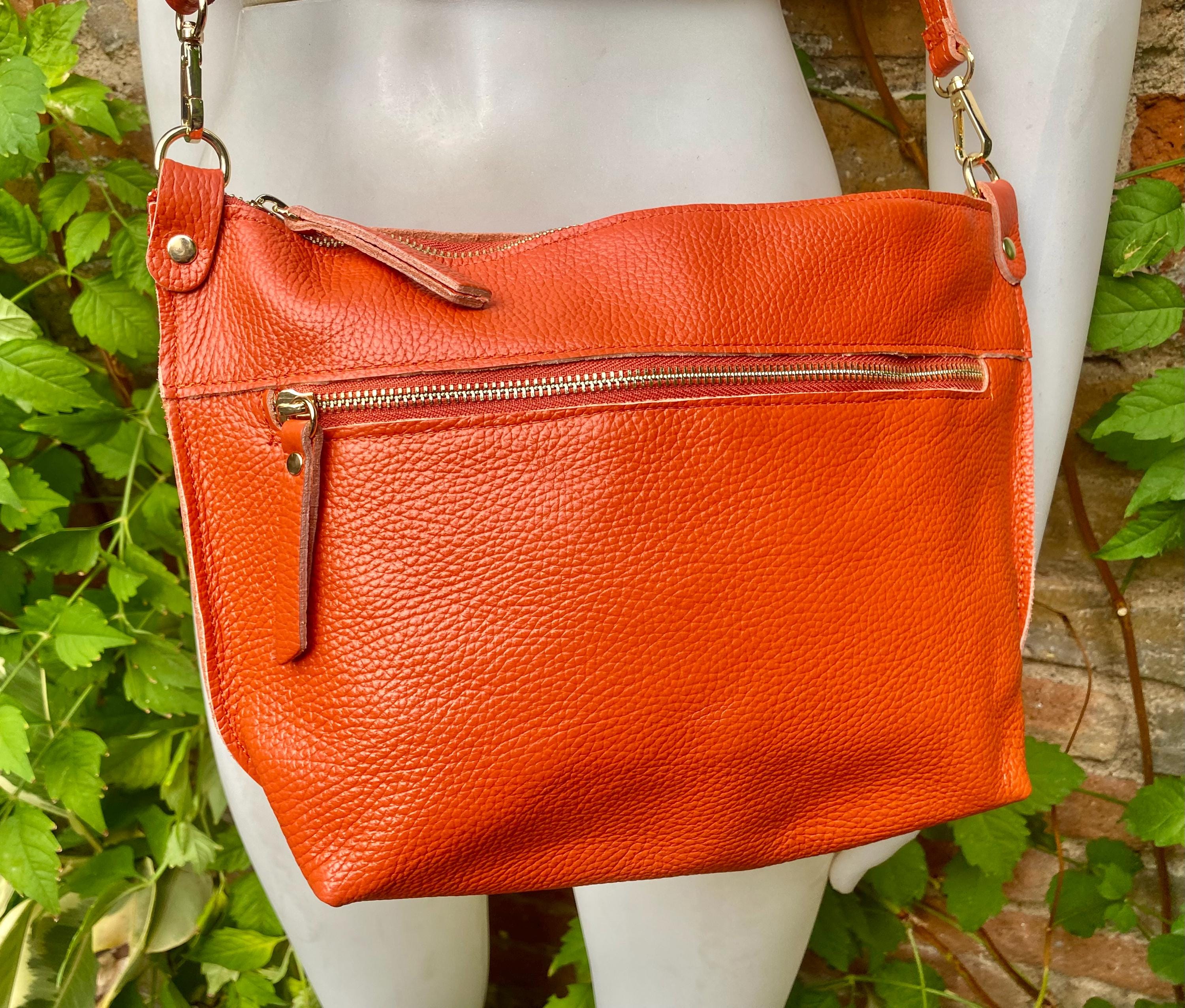 Orange leather bag. Genuine leather messenger bag. Orange crossbody / shoulder bag with zipper and adjustable strap