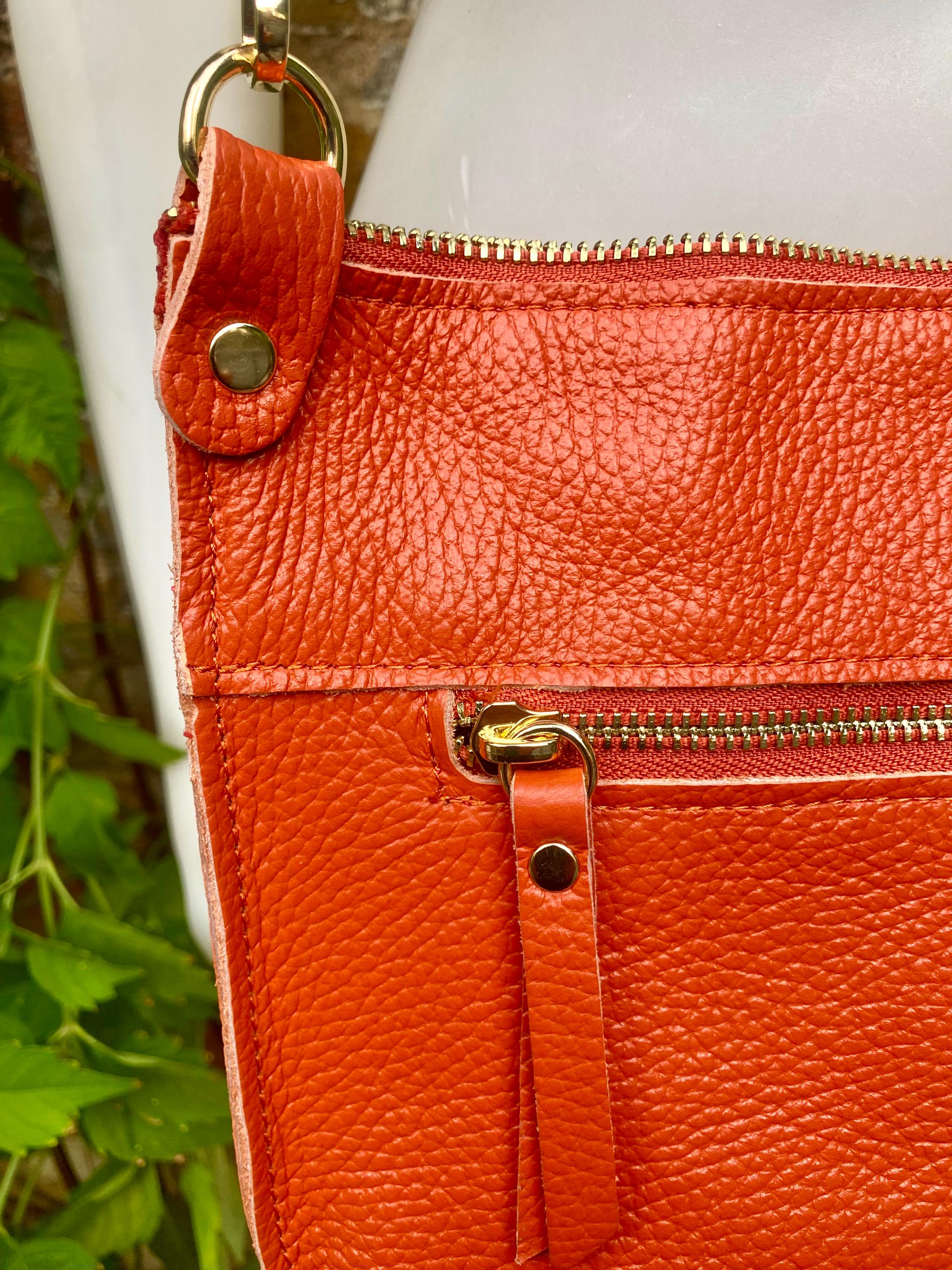 Orange leather bag. Genuine leather messenger bag. Orange crossbody / shoulder bag with zipper and adjustable strap