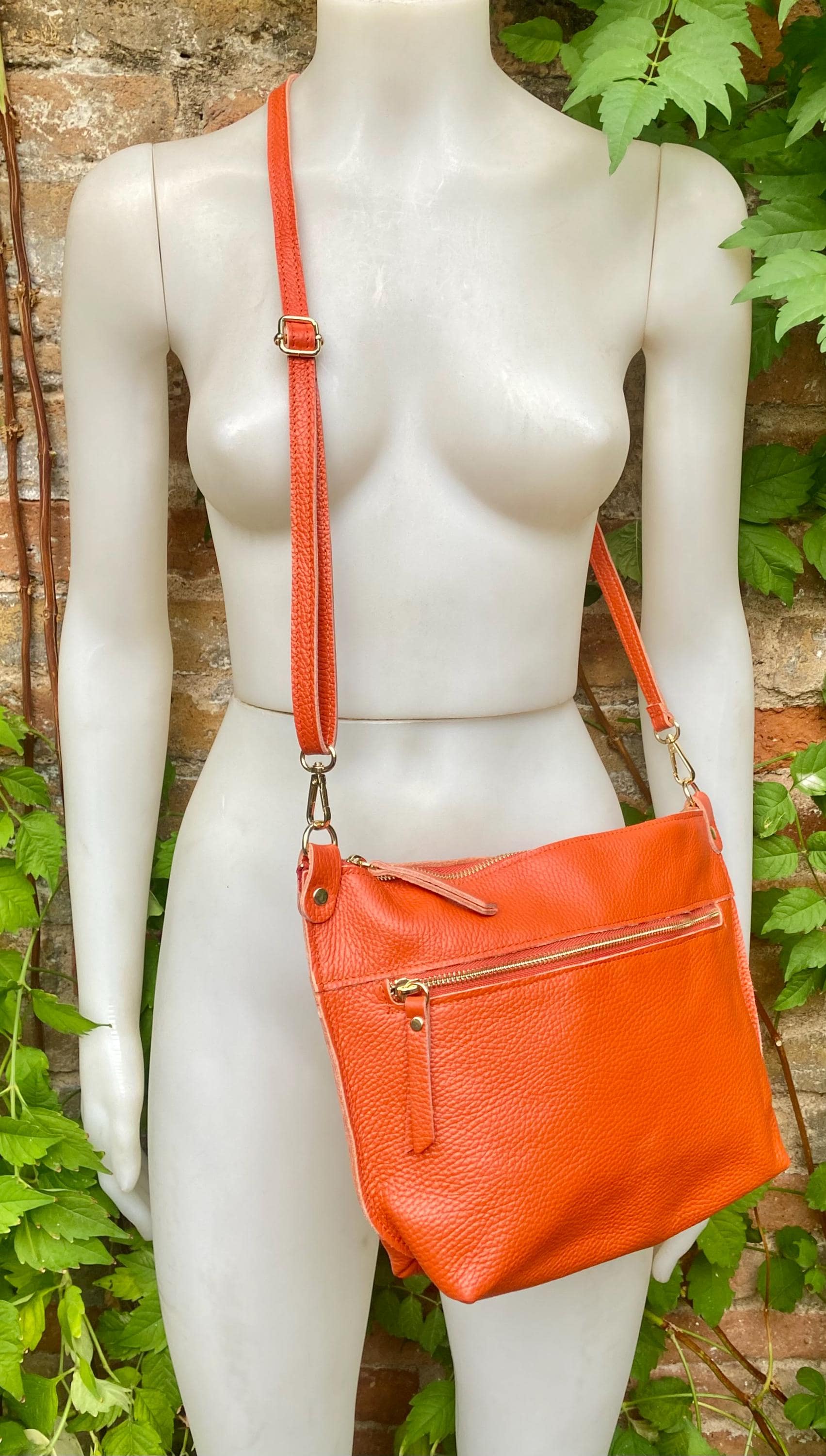 Orange leather bag. Genuine leather messenger bag. Orange crossbody / shoulder bag with zipper and adjustable strap