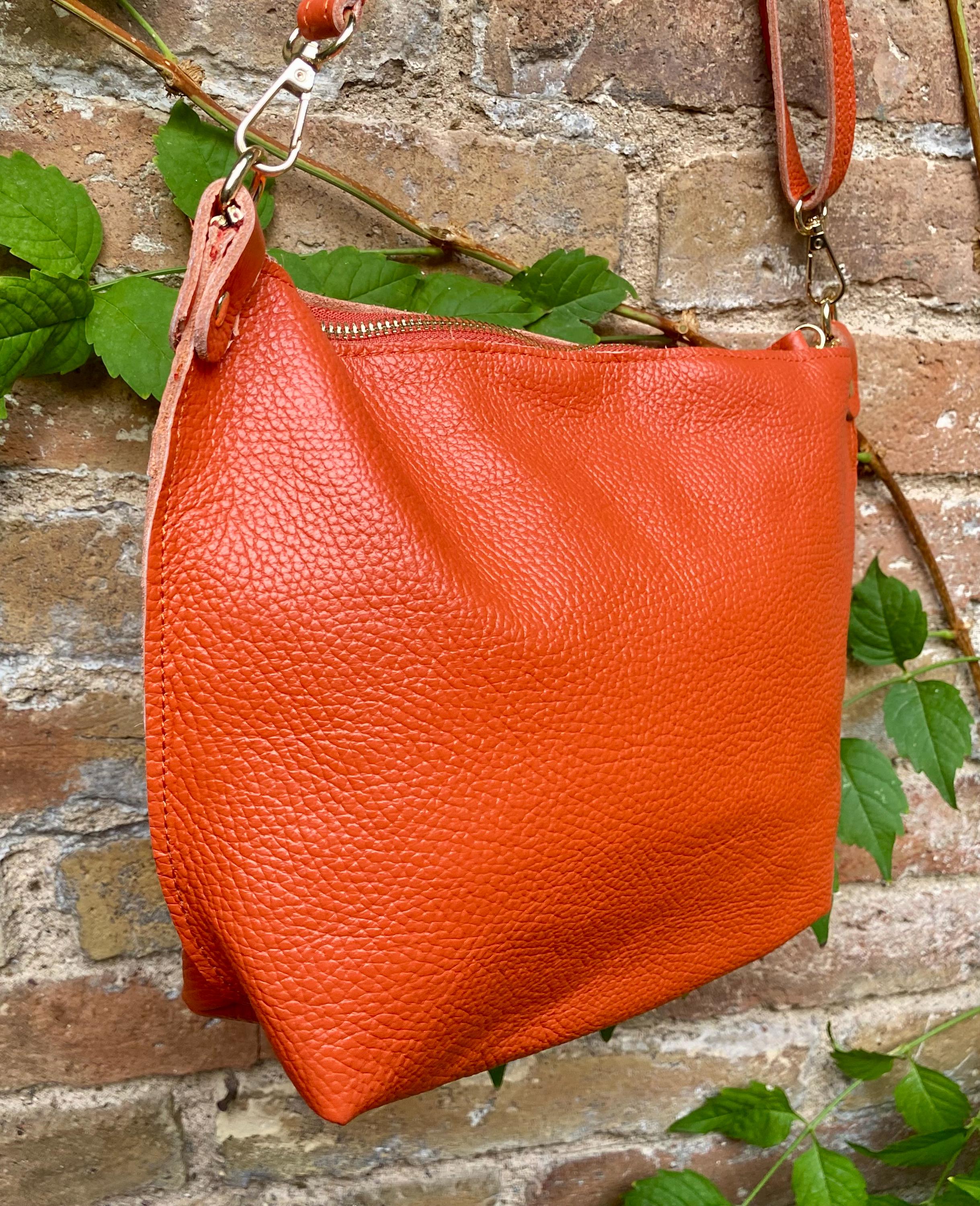 Orange leather bag. Genuine leather messenger bag. Orange crossbody / shoulder bag with zipper and adjustable strap