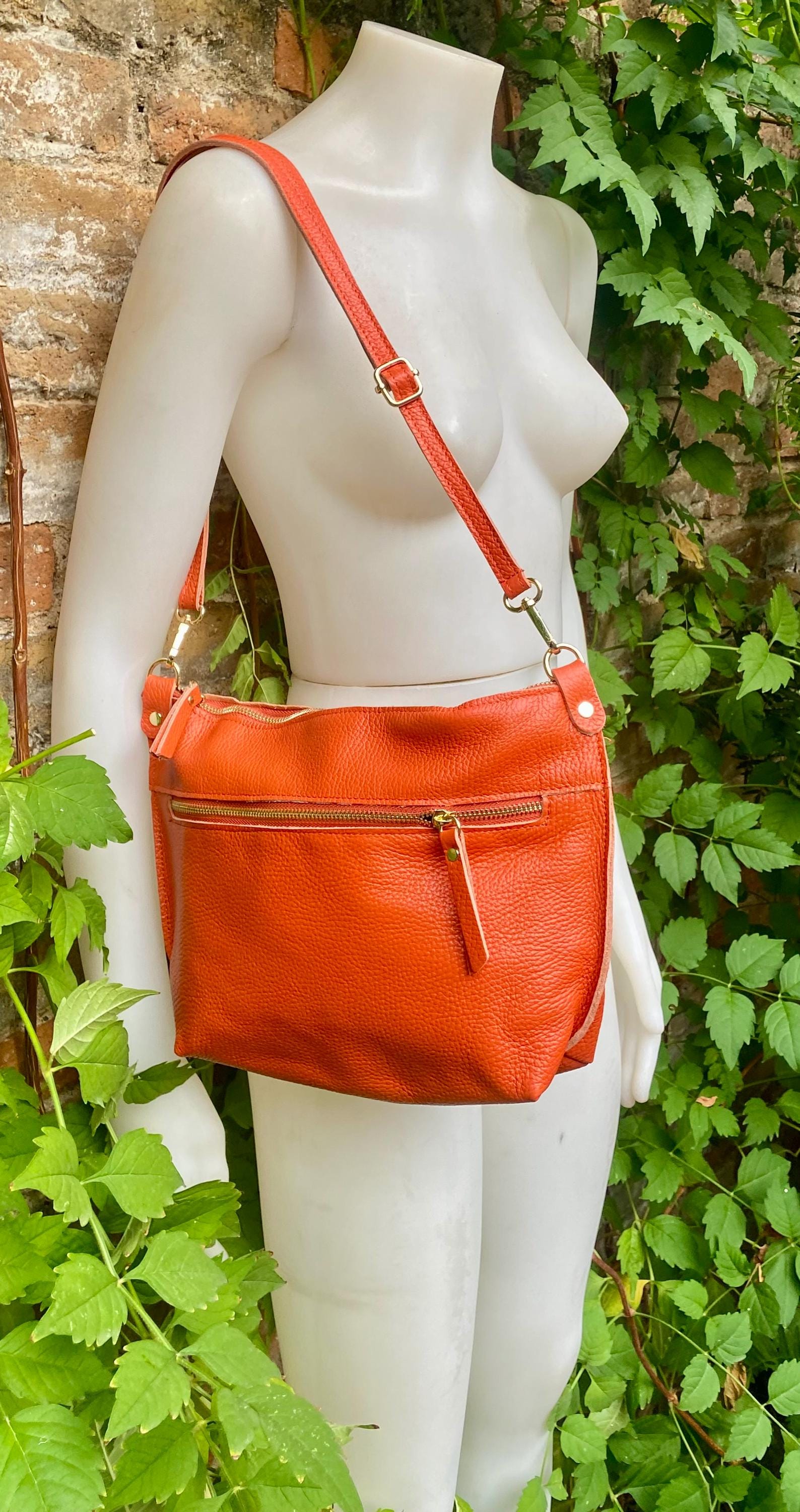 Orange leather bag. Genuine leather messenger bag. Orange crossbody / shoulder bag with zipper and adjustable strap