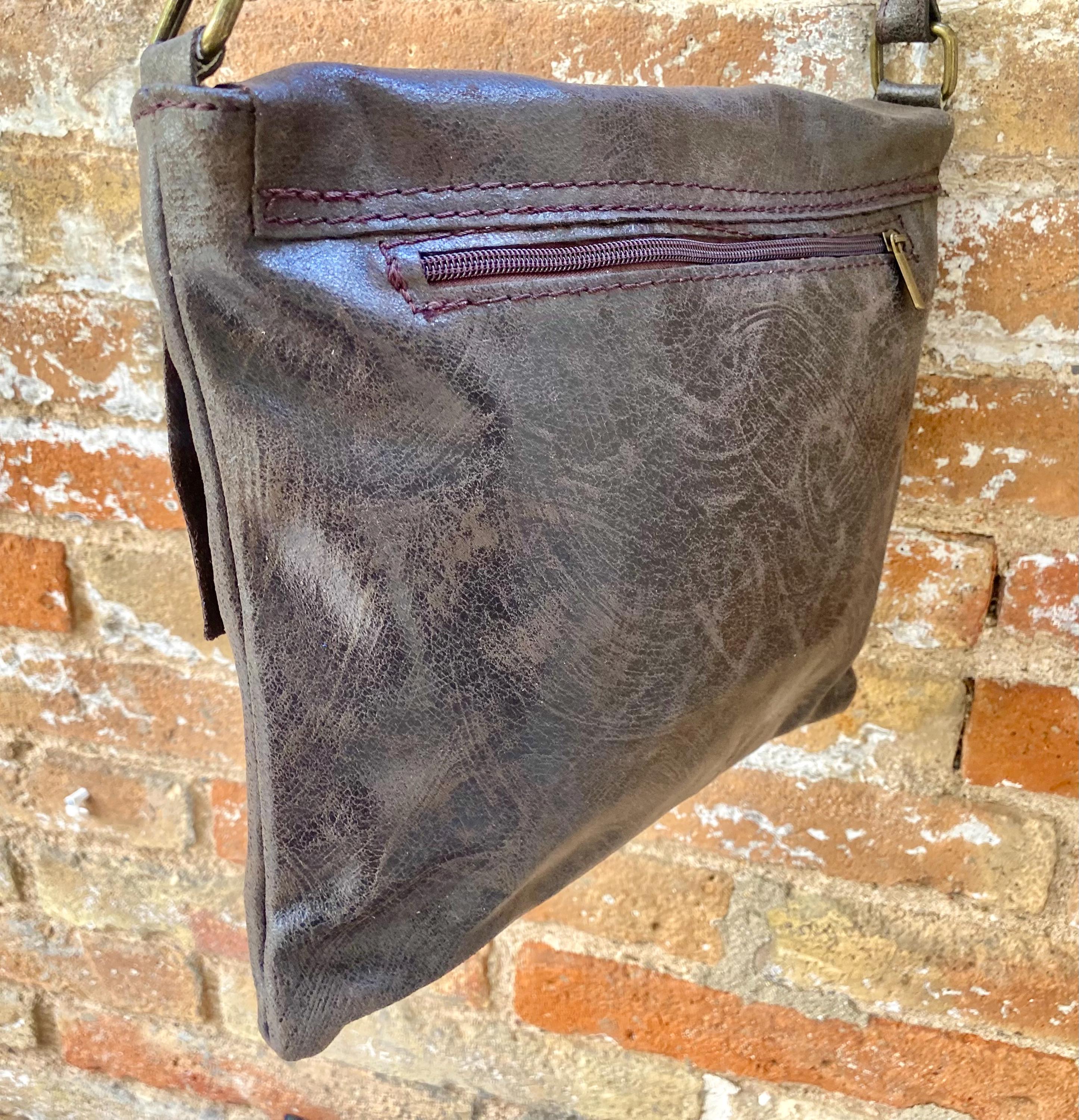 Dark brown genuine leather crossbody / shoulder bag. Messenger bag in soft "distressed" leather. Chocolate brown leather purse.