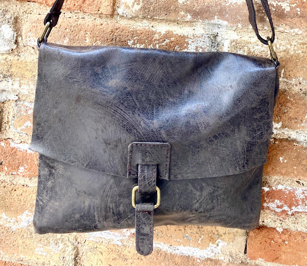 Dark brown genuine leather crossbody / shoulder bag. Messenger bag in soft "distressed" leather. Chocolate brown leather purse.