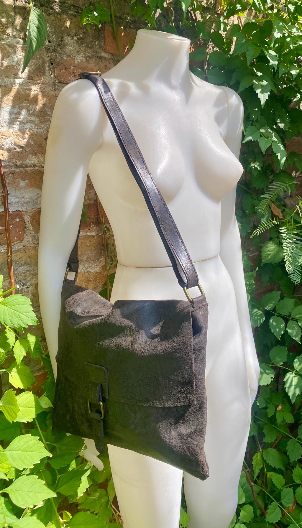 Dark brown genuine leather crossbody / shoulder bag. Messenger bag in soft "distressed" leather. Chocolate brown leather purse.