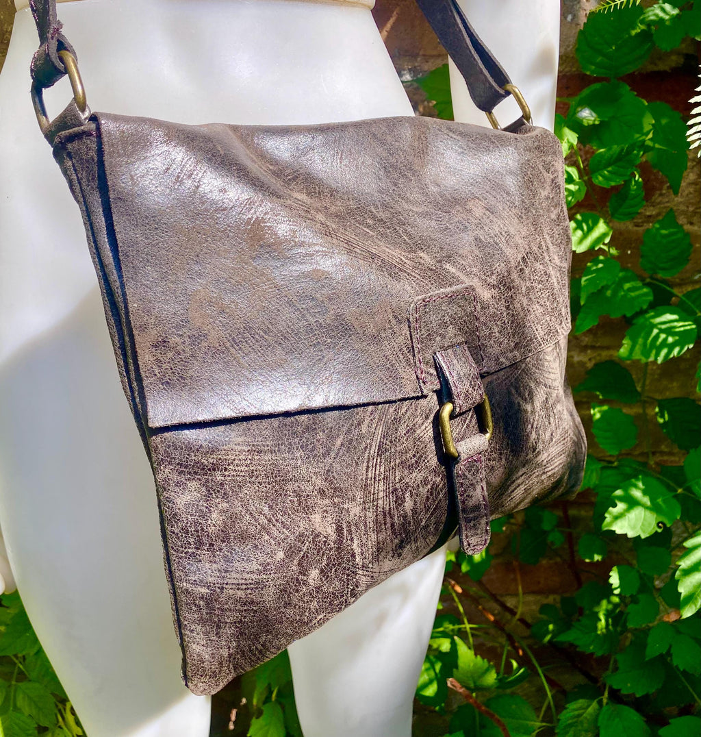 Dark brown genuine leather crossbody / shoulder bag. Messenger bag in soft "distressed" leather. Chocolate brown leather purse.