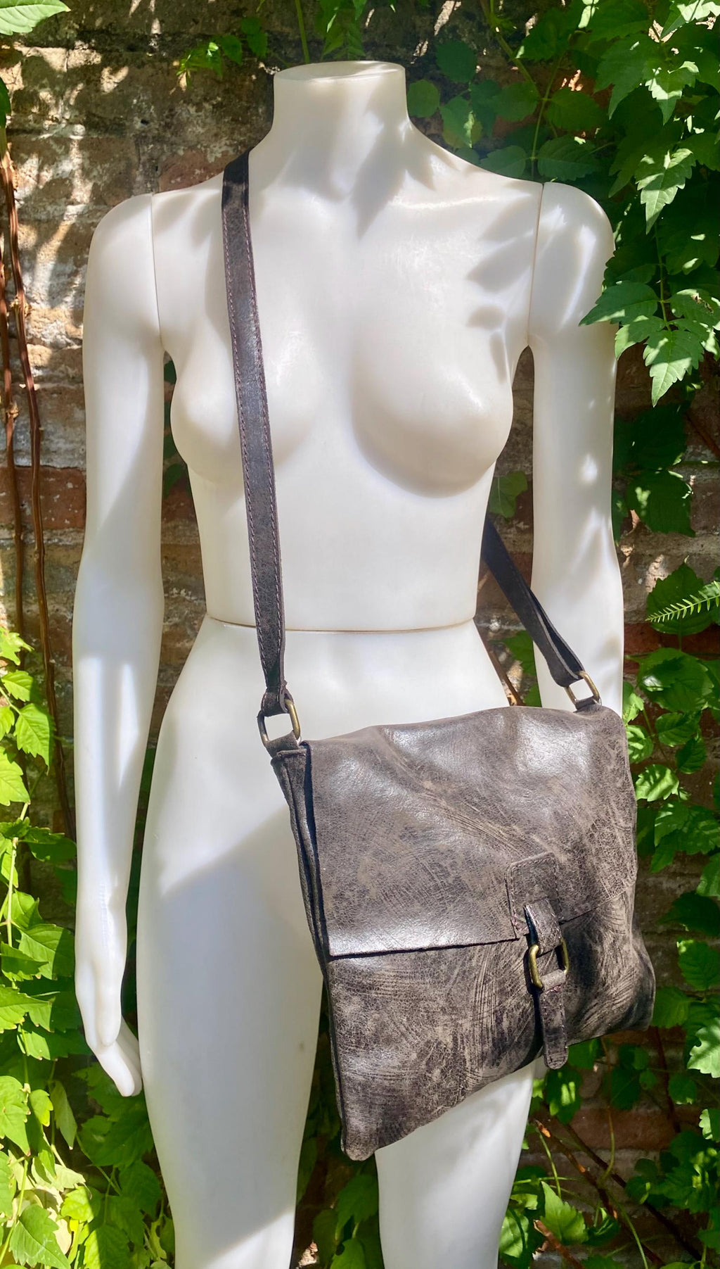 Dark brown genuine leather crossbody / shoulder bag. Messenger bag in soft "distressed" leather. Chocolate brown leather purse.