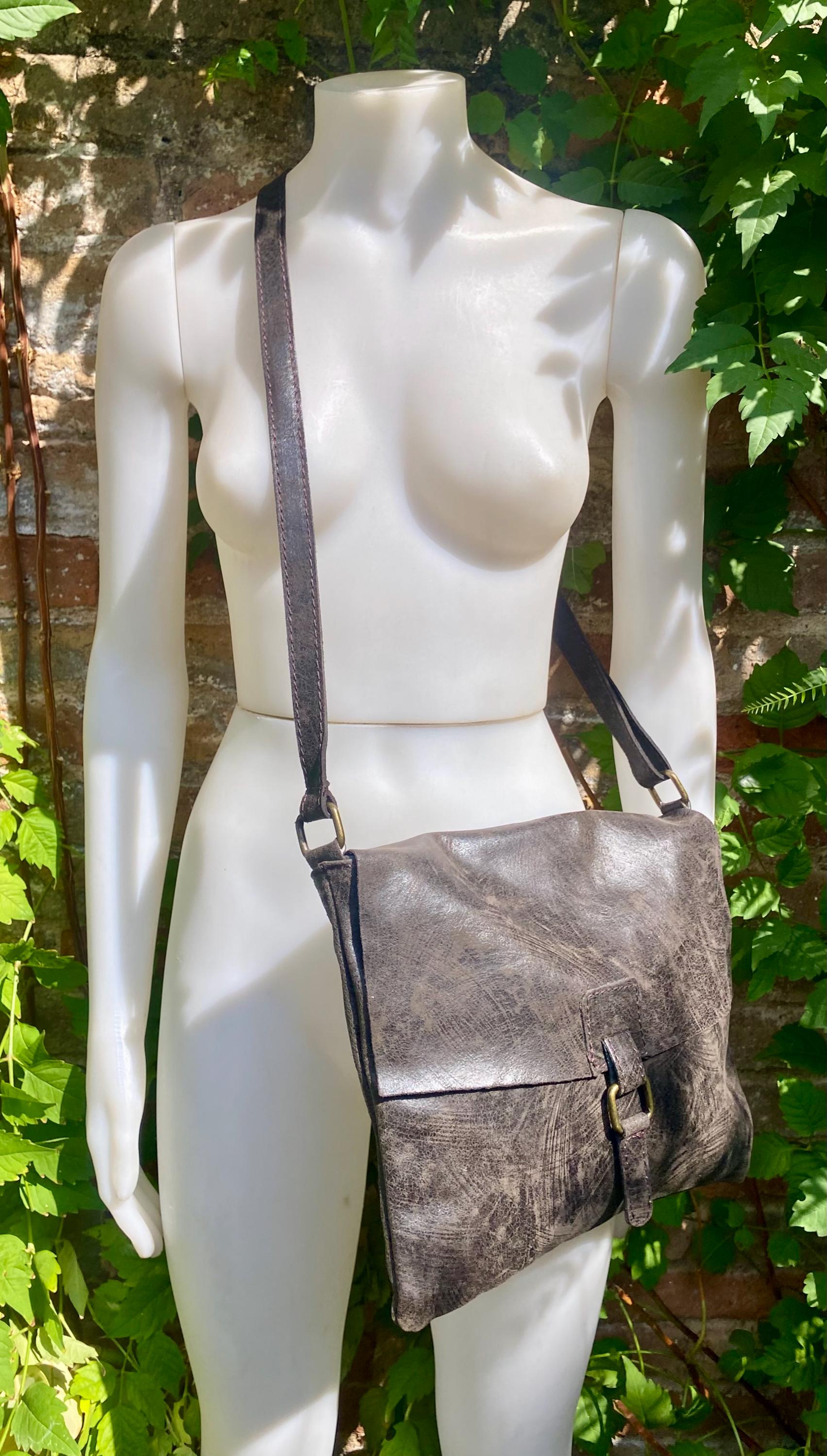 Dark brown genuine leather crossbody / shoulder bag. Messenger bag in soft "distressed" leather. Chocolate brown leather purse.