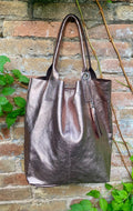 Shoulder leather bag in BRONZE. GENUINE leather shopper bag. Large carry all bag for your laptop, books. Metallic BRONZE leather purse