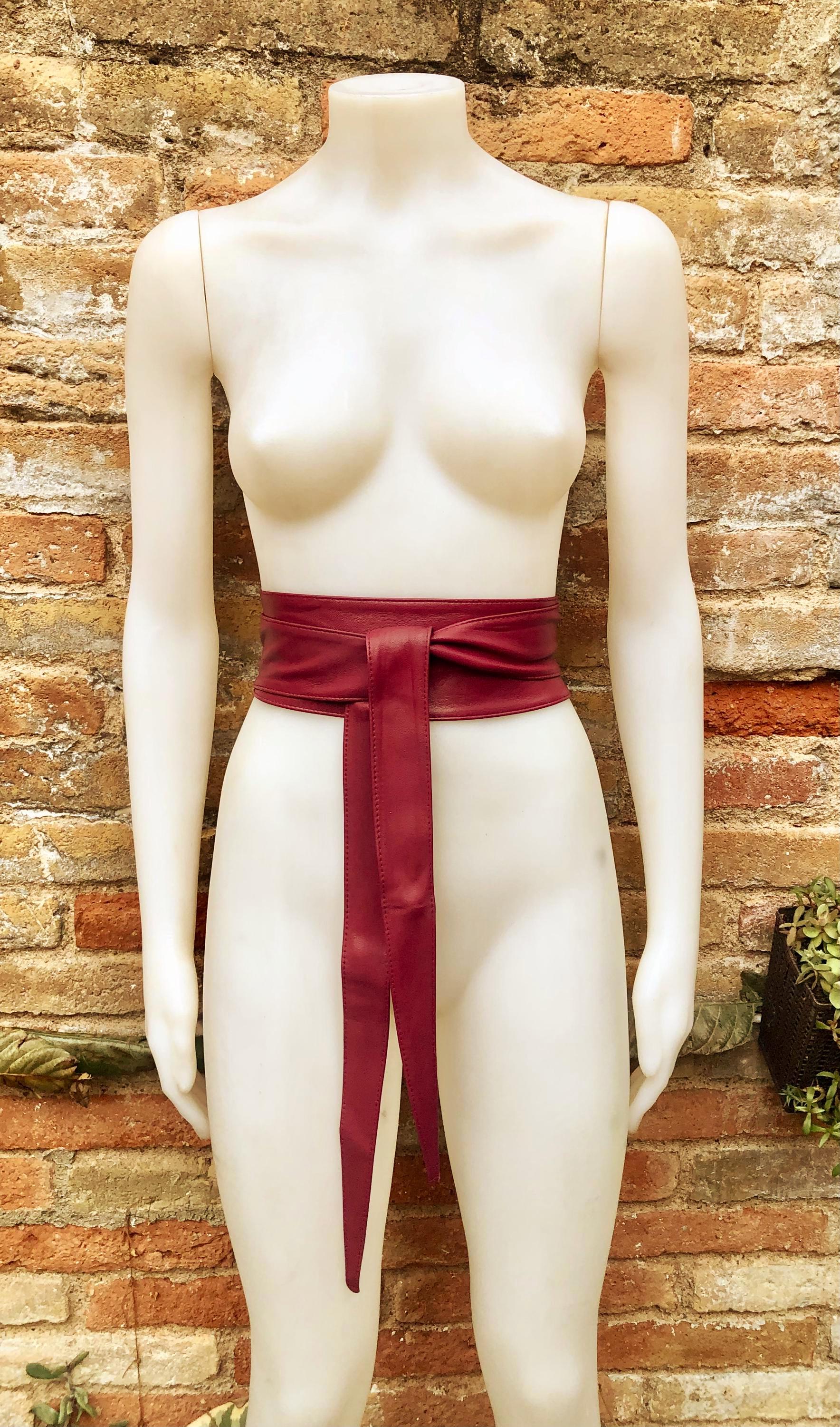 RED obi belt. Wrap belt in soft genuine leather. Wraparound waist belt. Wide style. Light burgundy boho dress belt. Dark red overall belt.