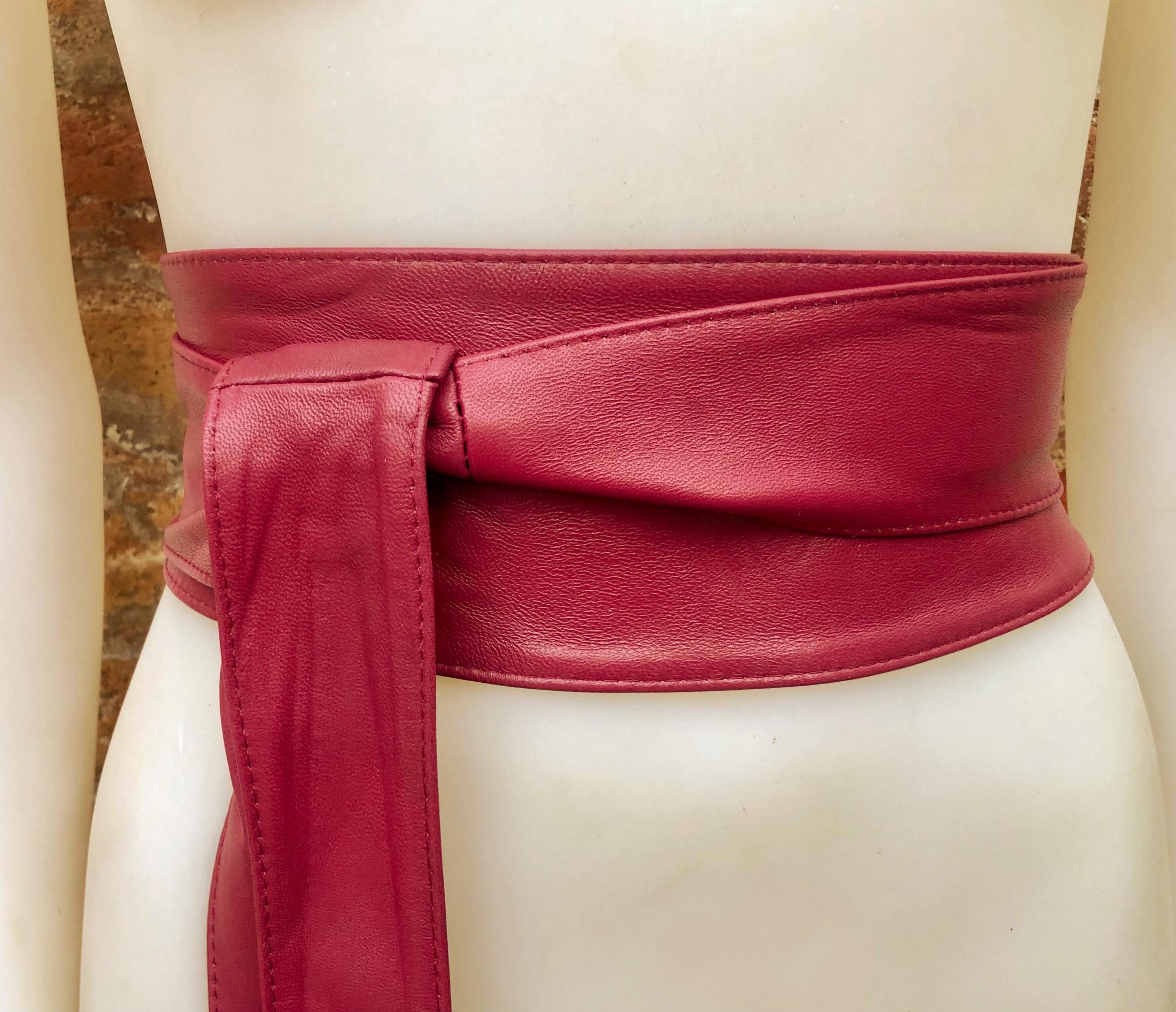 RED obi belt. Wrap belt in soft genuine leather. Wraparound waist belt. Wide style. Light burgundy boho dress belt. Dark red overall belt.