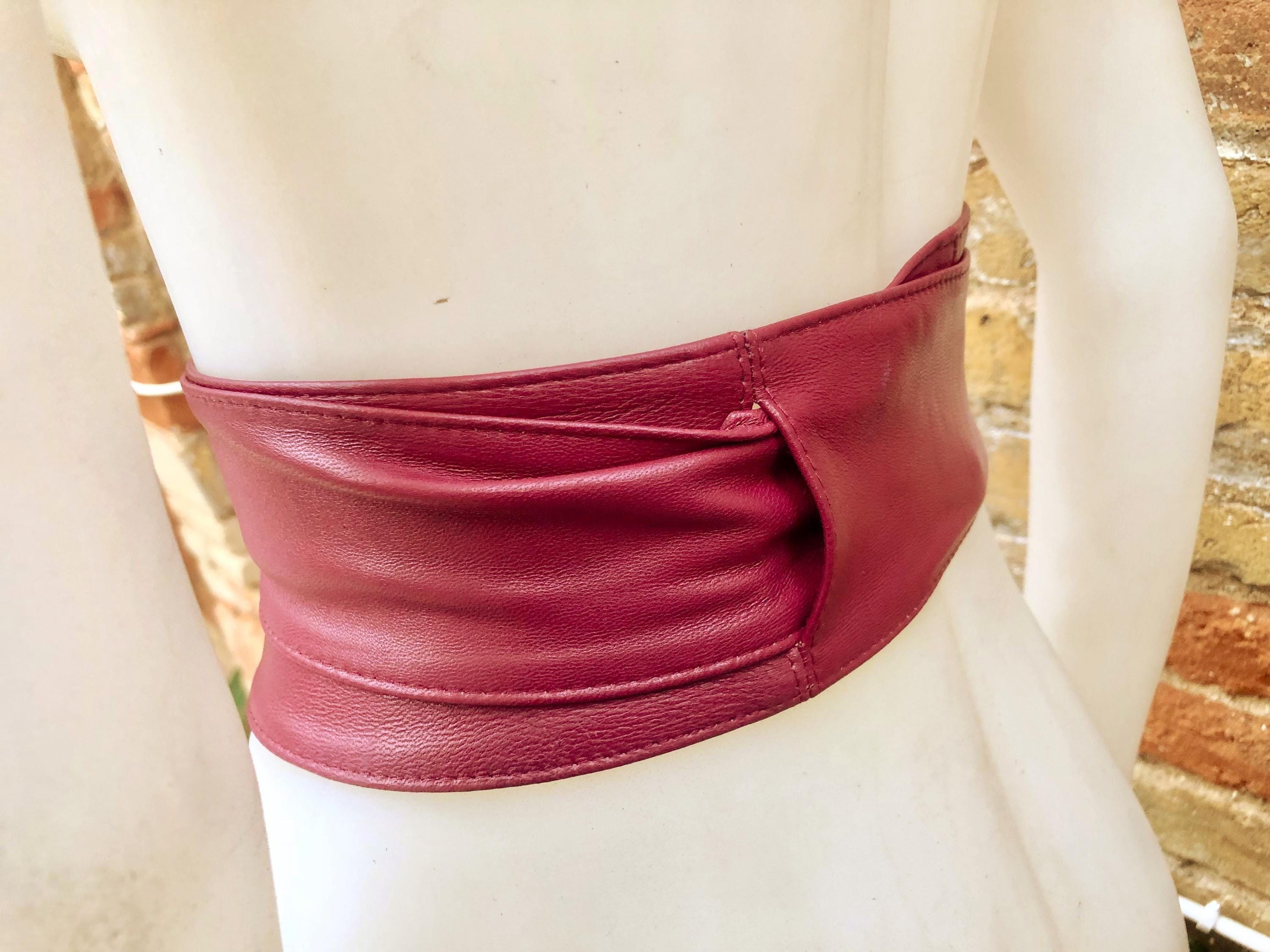 RED obi belt. Wrap belt in soft genuine leather. Wraparound waist belt. Wide style. Light burgundy boho dress belt. Dark red overall belt.