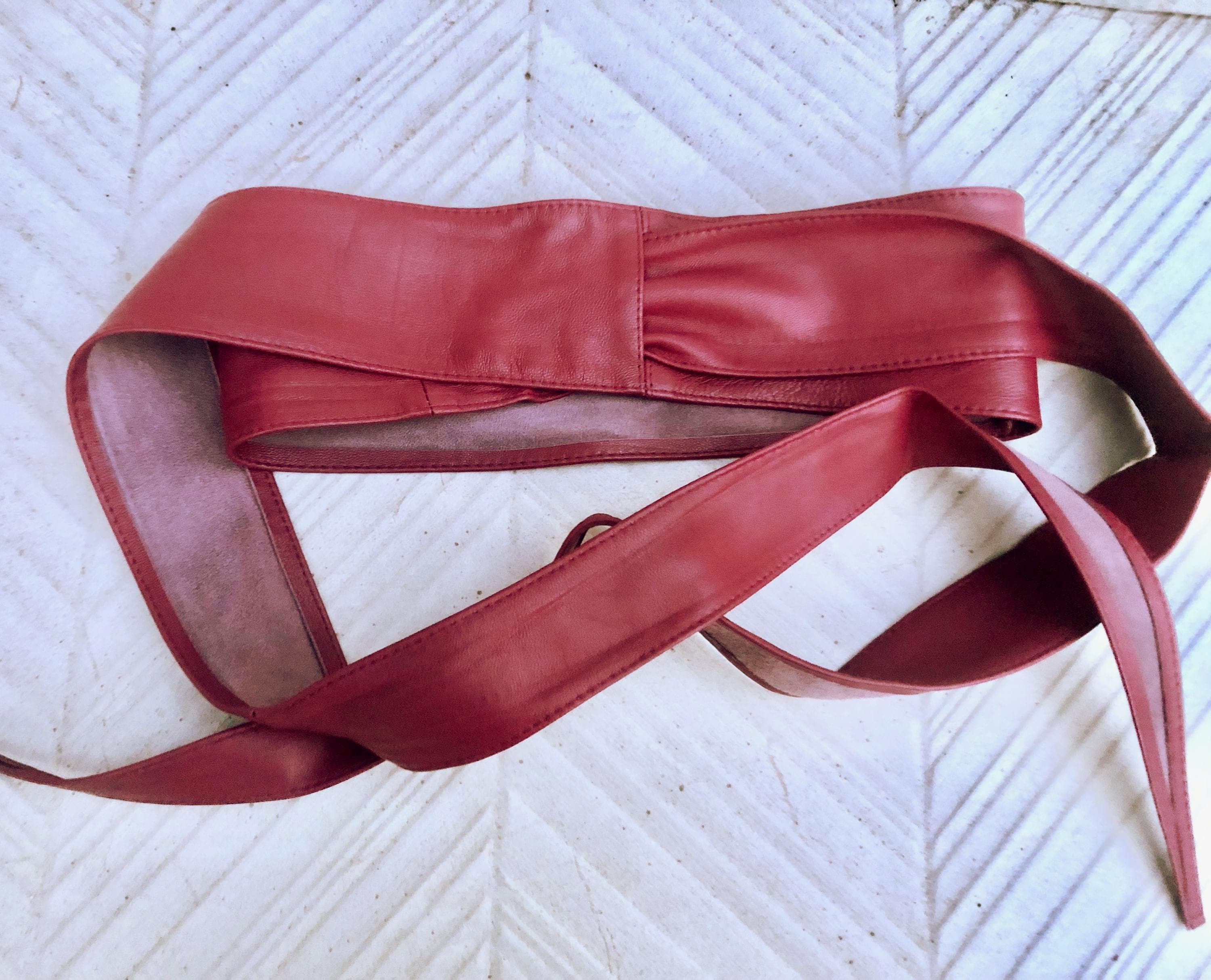RED obi belt. Wrap belt in soft genuine leather. Wraparound waist belt. Wide style. Light burgundy boho dress belt. Dark red overall belt.