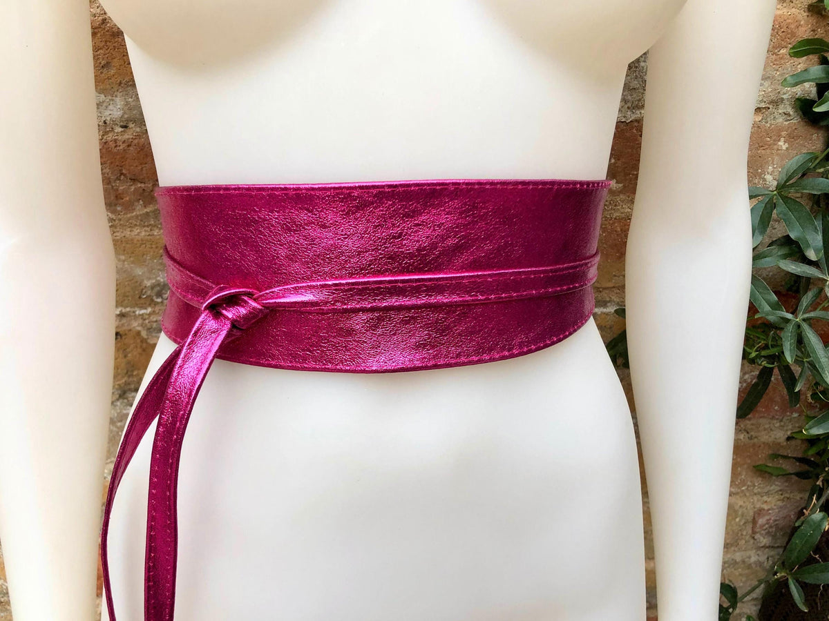 PINK OBI belt in natural soft leather. Waist belt,wide magenta leather belt, metallic, wrap belt, fuchsia - hot pink boho wraparound belt