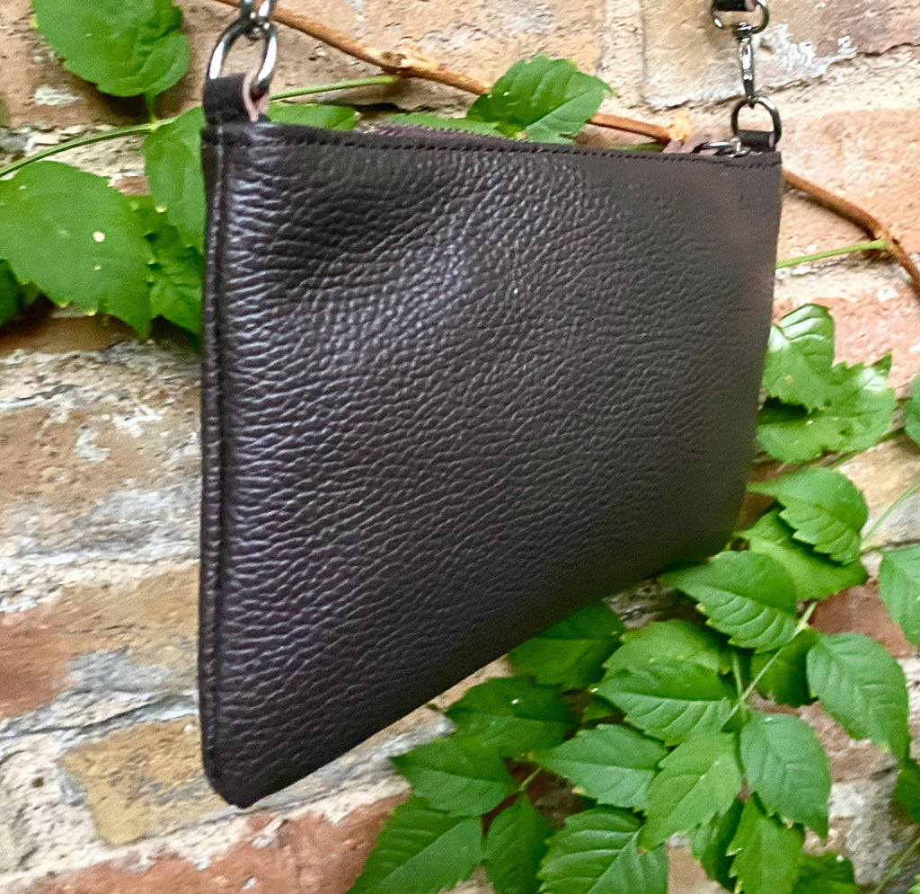Small leather bag in dark brown. GENUINE leather crossbody / shoulder bag.Brown leather bag with SILVER hardware. Chocolate brown purse
