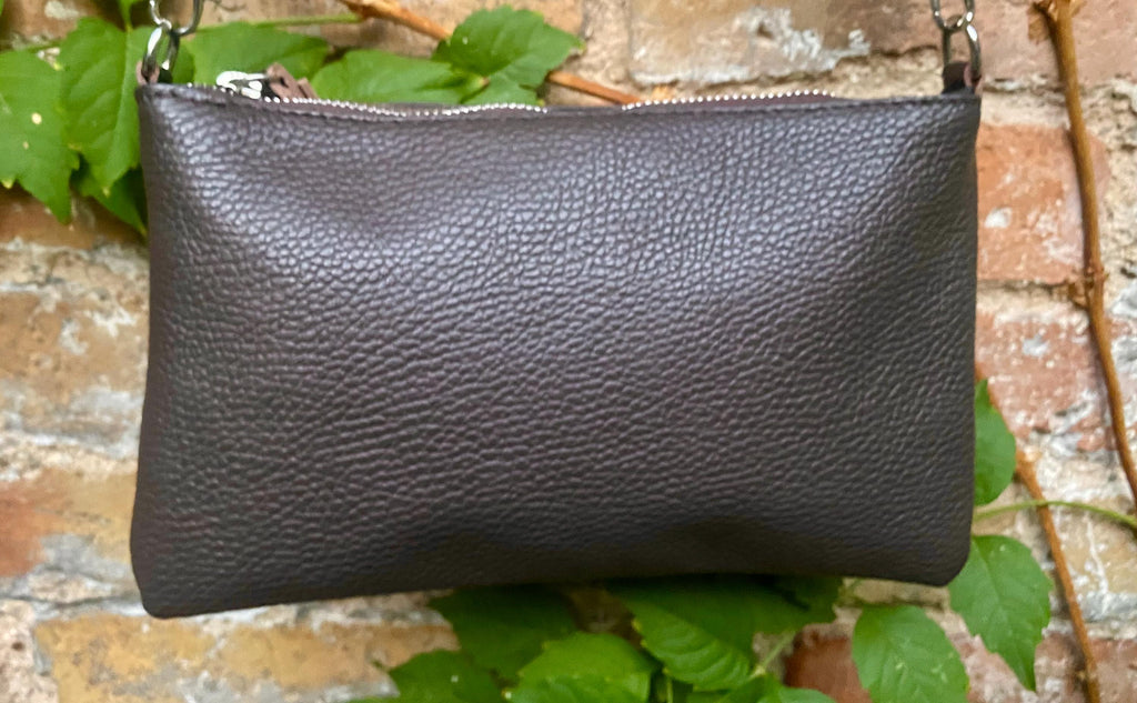 Small leather bag in dark brown. GENUINE leather crossbody / shoulder bag.Brown leather bag with SILVER hardware. Chocolate brown purse