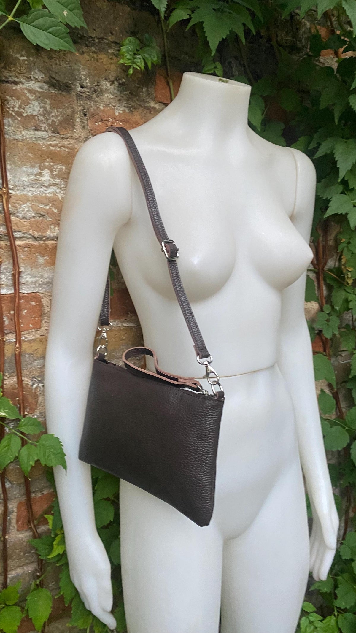 Small leather bag in dark brown. GENUINE leather crossbody / shoulder bag.Brown leather bag with SILVER hardware. Chocolate brown purse