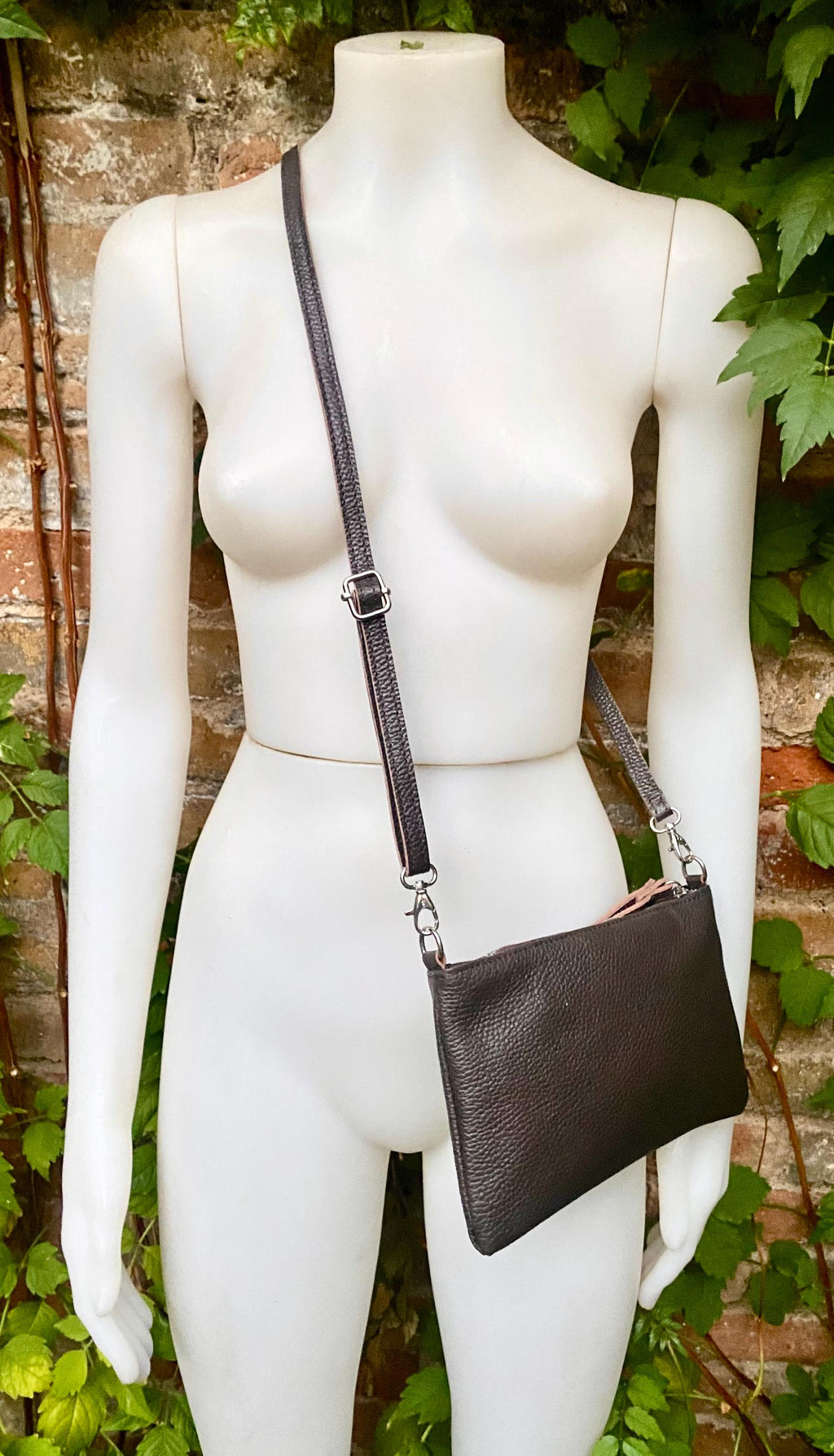 Small leather bag in dark brown. GENUINE leather crossbody / shoulder bag.Brown leather bag with SILVER hardware. Chocolate brown purse