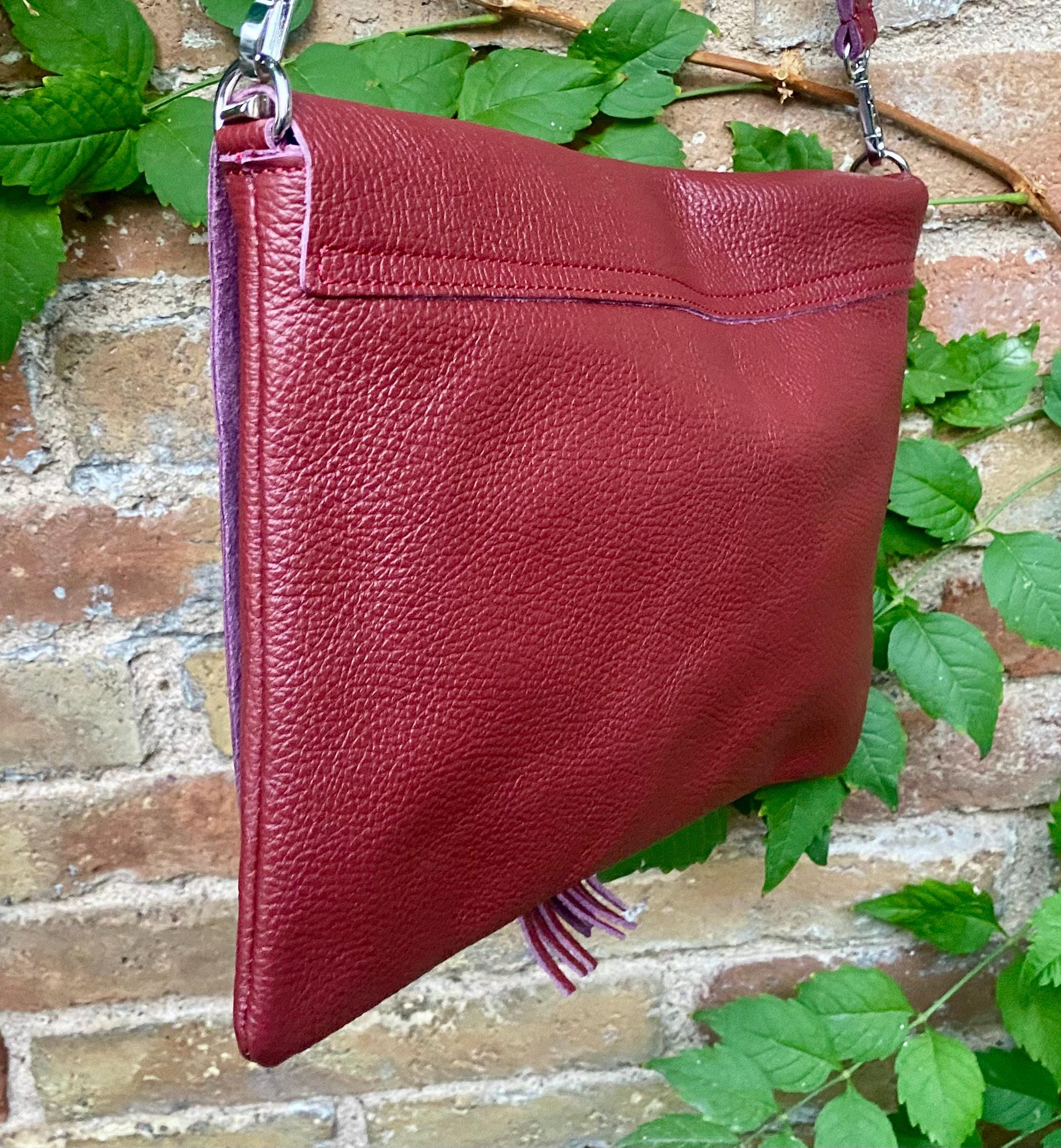 Burgundy crossbody / shoulder bag with zipper +flap. Soft genuine wine red leather. Dark red genuine leather purse.
