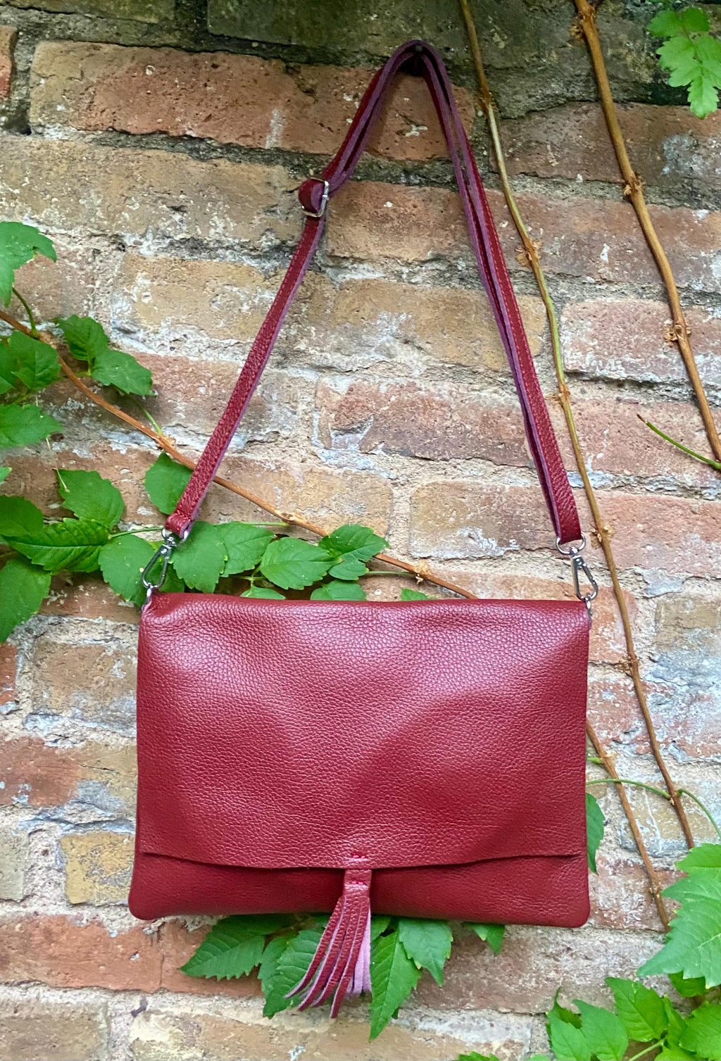 Burgundy crossbody / shoulder bag with zipper +flap. Soft genuine wine red leather. Dark red genuine leather purse.