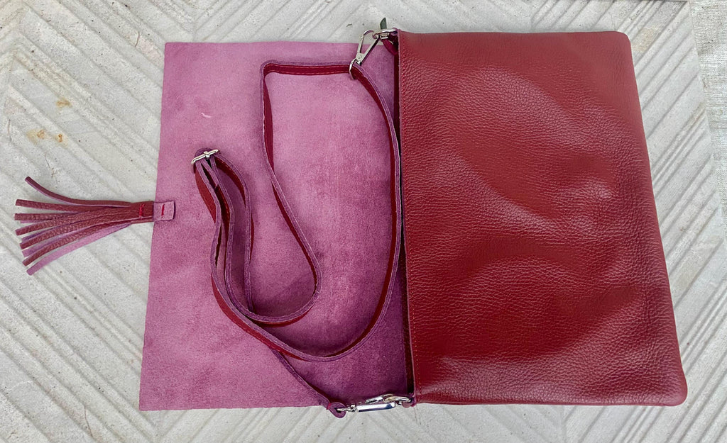 Burgundy crossbody / shoulder bag with zipper +flap. Soft genuine wine red leather. Dark red genuine leather purse.