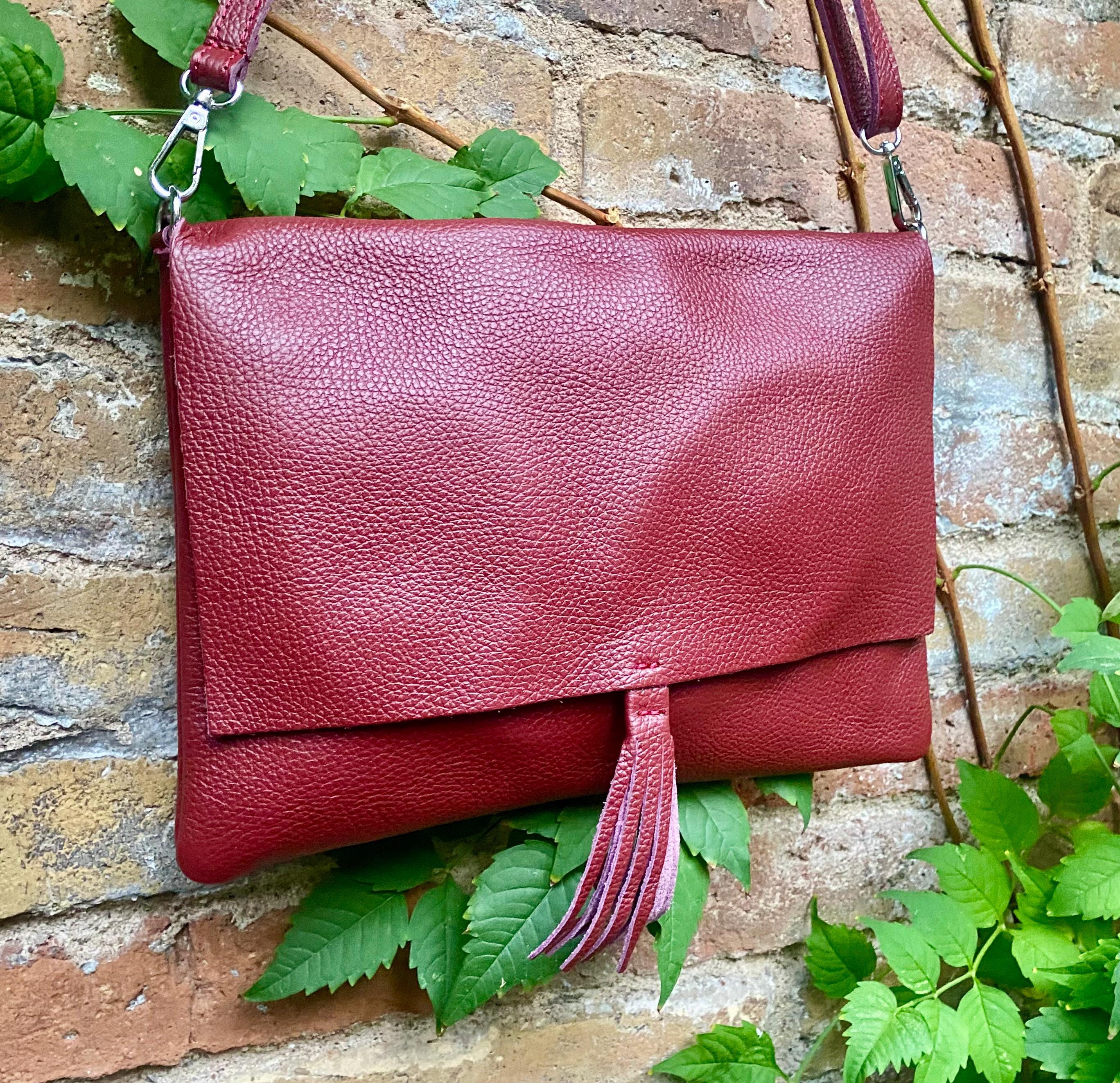 Burgundy crossbody / shoulder bag with zipper +flap. Soft genuine wine red leather. Dark red genuine leather purse.
