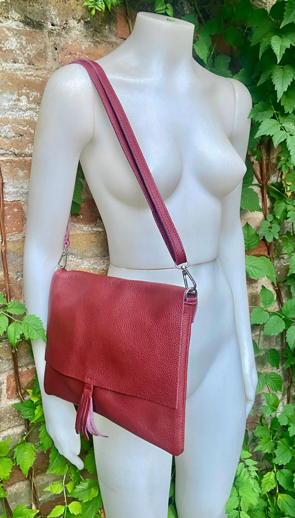 Burgundy crossbody / shoulder bag with zipper +flap. Soft genuine wine red leather. Dark red genuine leather purse.