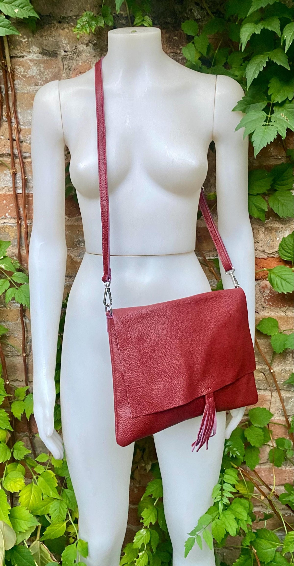 Burgundy crossbody / shoulder bag with zipper +flap. Soft genuine wine red leather. Dark red genuine leather purse.