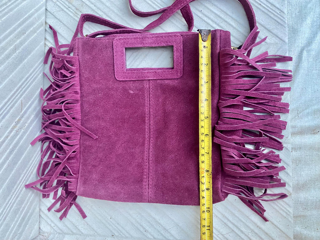 Raspberry pink crossbody fringed bag. Purple pink BOHO suede leather bag with FRINGES. Soft genuine pink suede leather.Raspberry suede purse