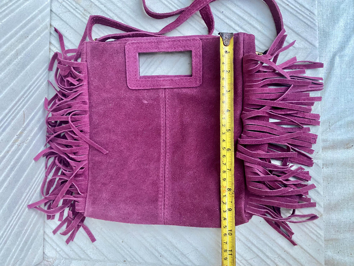 Raspberry pink crossbody fringed bag. Purple pink BOHO suede leather bag with FRINGES. Soft genuine pink suede leather.Raspberry suede purse