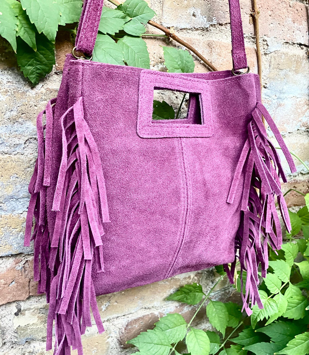 Raspberry pink crossbody fringed bag. Purple pink BOHO suede leather bag with FRINGES. Soft genuine pink suede leather.Raspberry suede purse