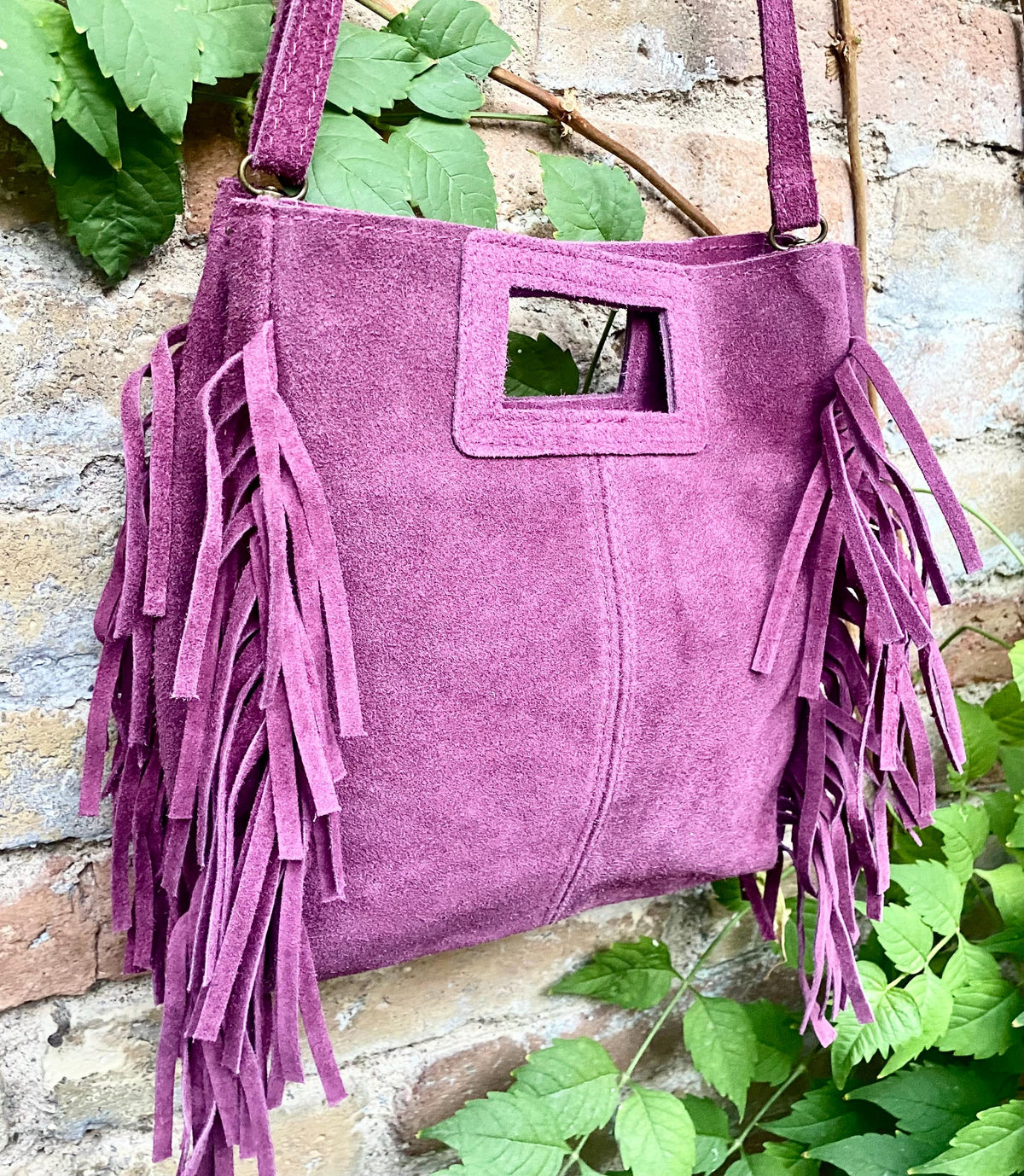 Raspberry pink crossbody fringed bag. Purple pink BOHO suede leather bag with FRINGES. Soft genuine pink suede leather.Raspberry suede purse