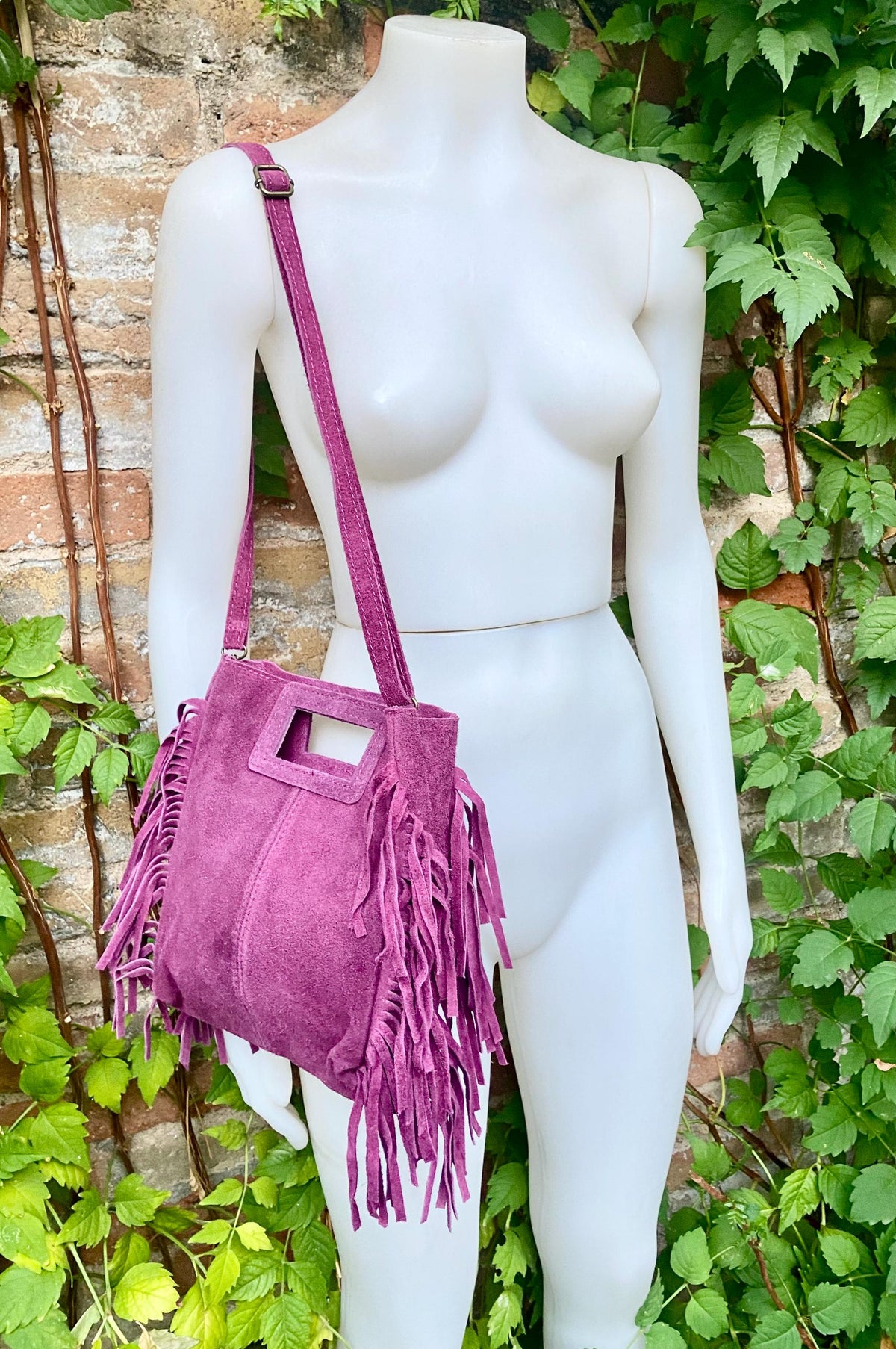 Raspberry pink crossbody fringed bag. Purple pink BOHO suede leather bag with FRINGES. Soft genuine pink suede leather.Raspberry suede purse