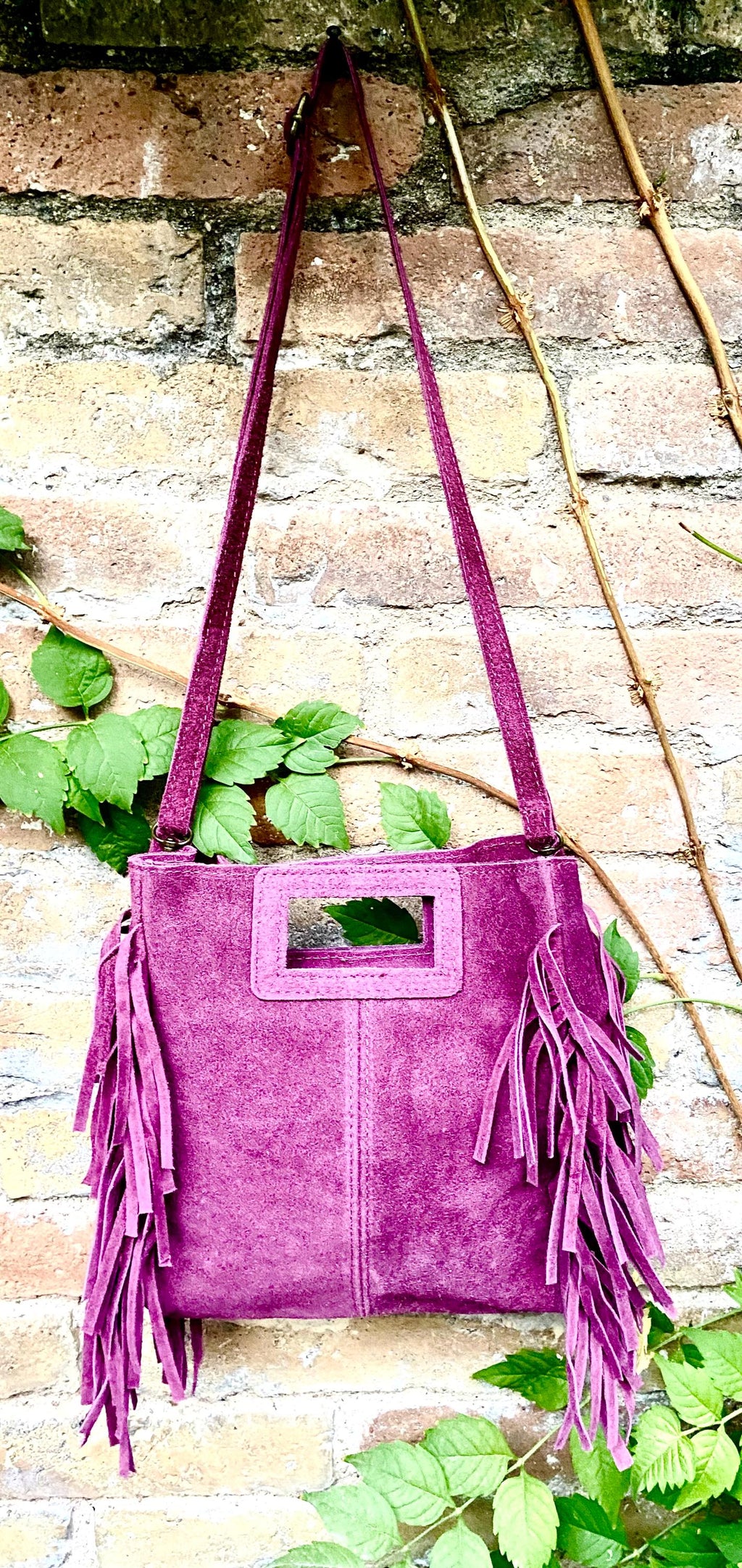 Raspberry pink crossbody fringed bag. Purple pink BOHO suede leather bag with FRINGES. Soft genuine pink suede leather.Raspberry suede purse
