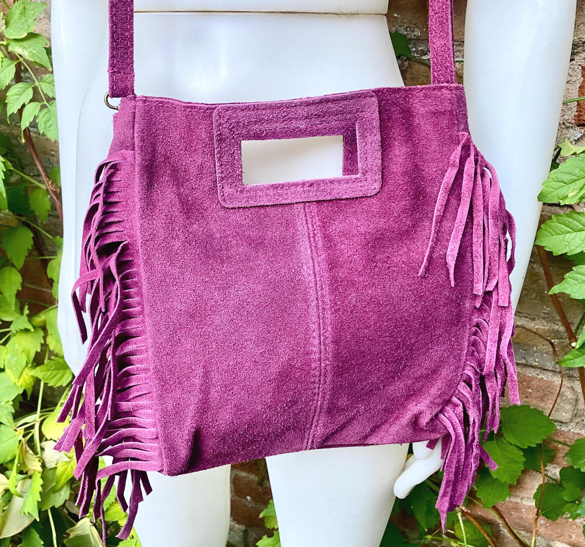 Raspberry pink crossbody fringed bag. Purple pink BOHO suede leather bag with FRINGES. Soft genuine pink suede leather.Raspberry suede purse