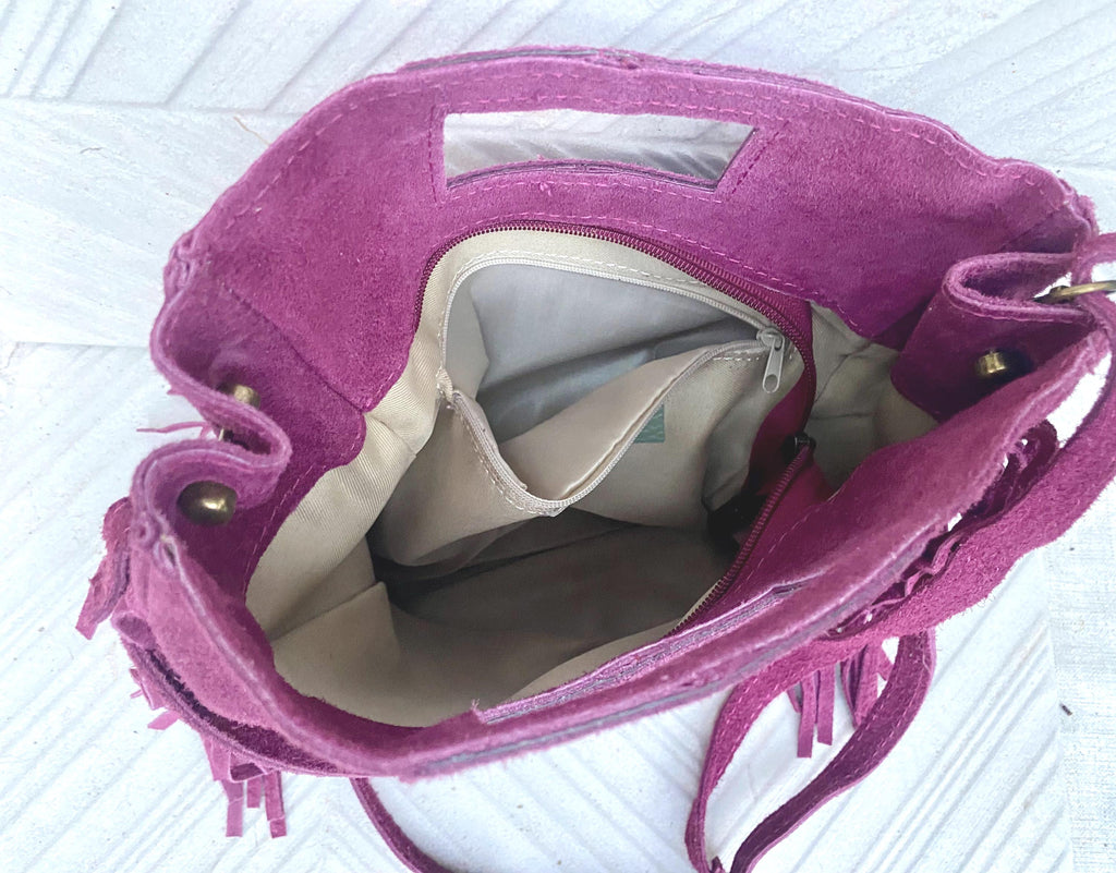 Raspberry pink crossbody fringed bag. Purple pink BOHO suede leather bag with FRINGES. Soft genuine pink suede leather.Raspberry suede purse