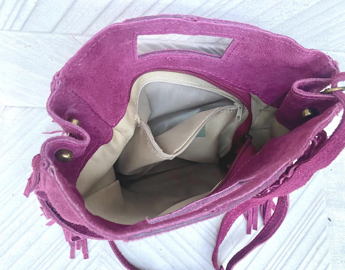 Raspberry pink crossbody fringed bag. Purple pink BOHO suede leather bag with FRINGES. Soft genuine pink suede leather.Raspberry suede purse