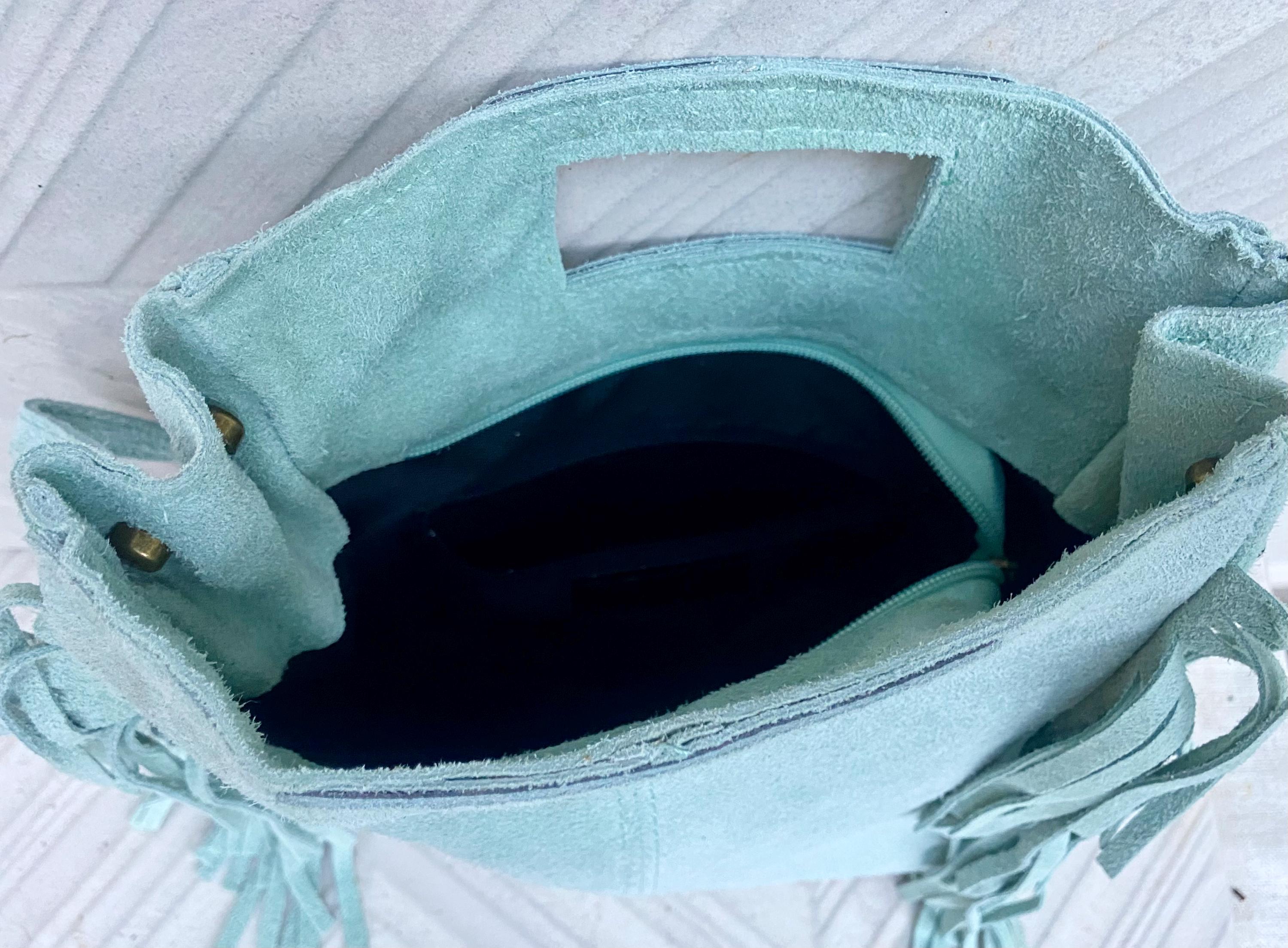 Aqua green crossbody fringed bag. BOHO suede leather bag with FRINGES. Light blue - green genuine suede leather. Mint green suede purse.
