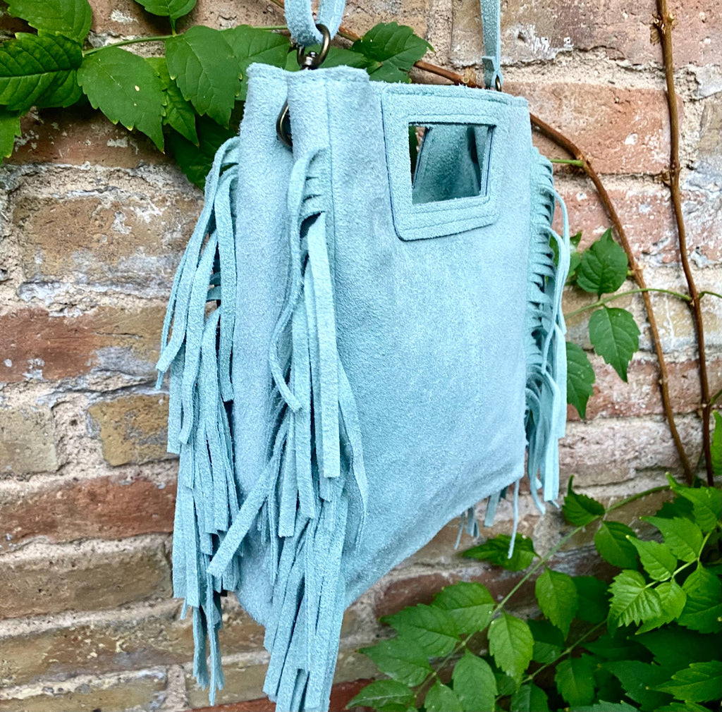 Aqua green crossbody fringed bag. BOHO suede leather bag with FRINGES. Light blue - green genuine suede leather. Mint green suede purse.