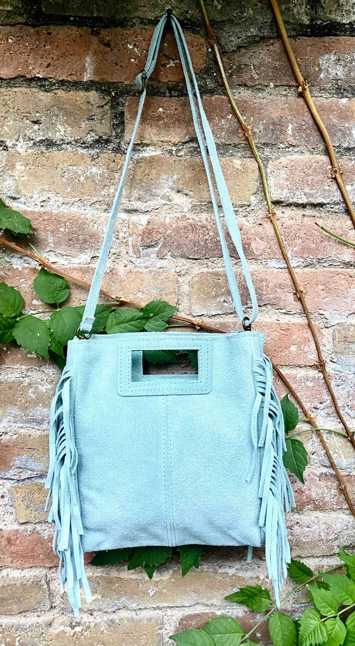 Aqua green crossbody fringed bag. BOHO suede leather bag with FRINGES. Light blue - green genuine suede leather. Mint green suede purse.