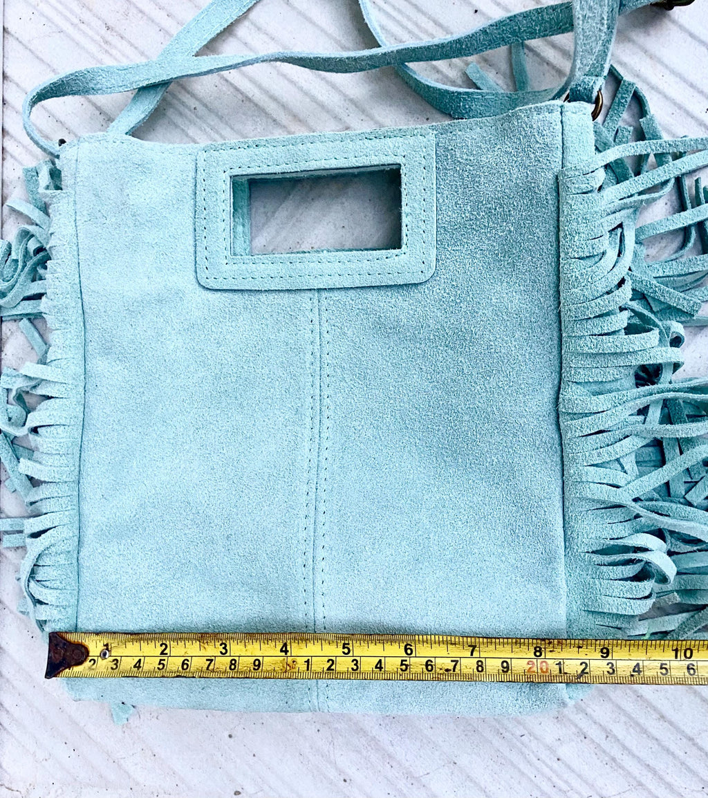 Aqua green crossbody fringed bag. BOHO suede leather bag with FRINGES. Light blue - green genuine suede leather. Mint green suede purse.